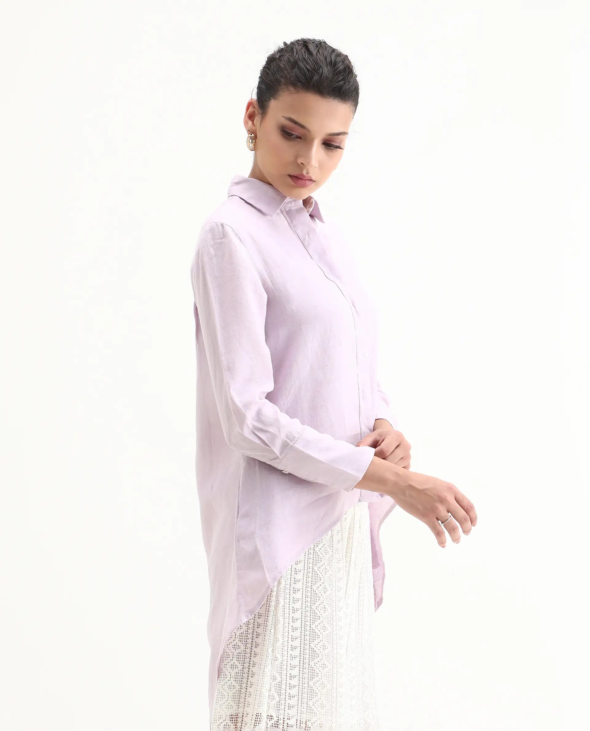 Rareism Women's Comfo Purple Linen Spread Collar Plain Relaxed Fit Top