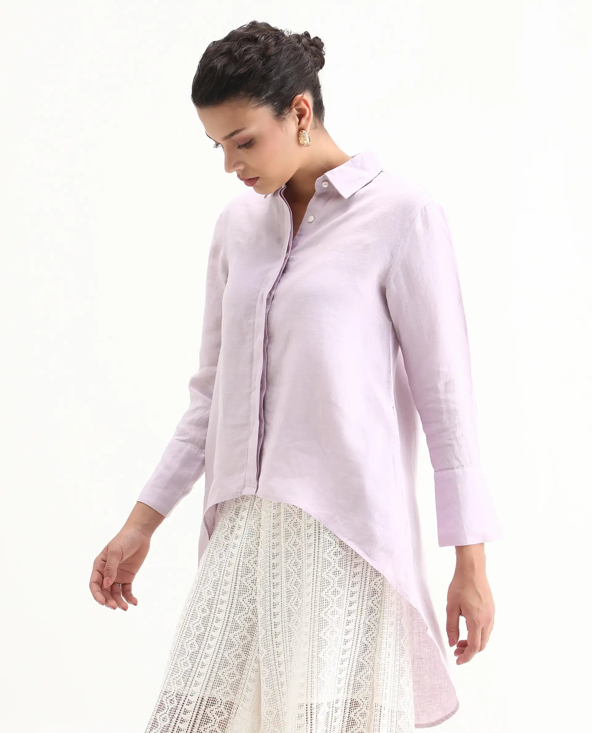 Rareism Women's Comfo Purple Linen Spread Collar Plain Relaxed Fit Top
