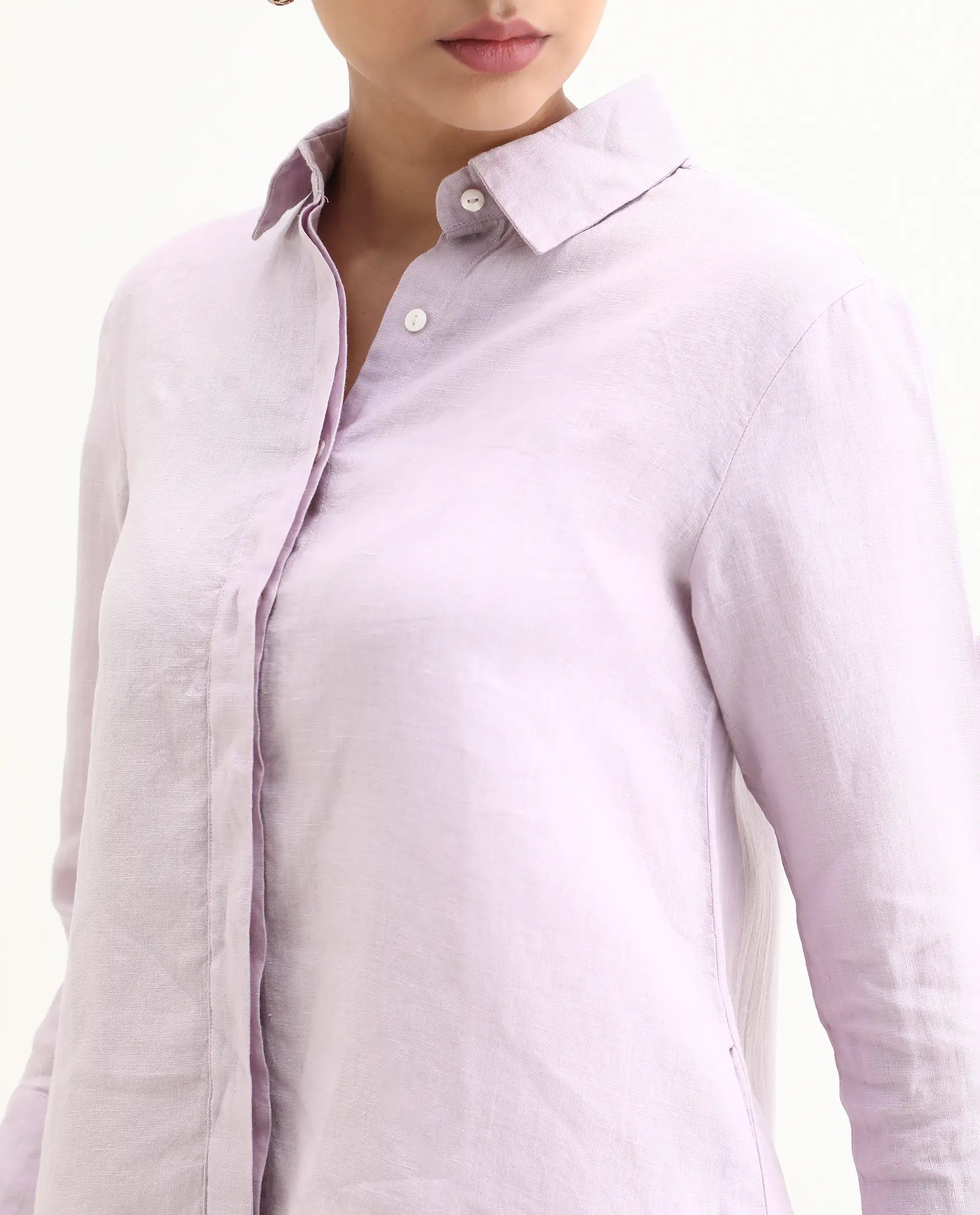 Rareism Women's Comfo Purple Linen Spread Collar Plain Relaxed Fit Top