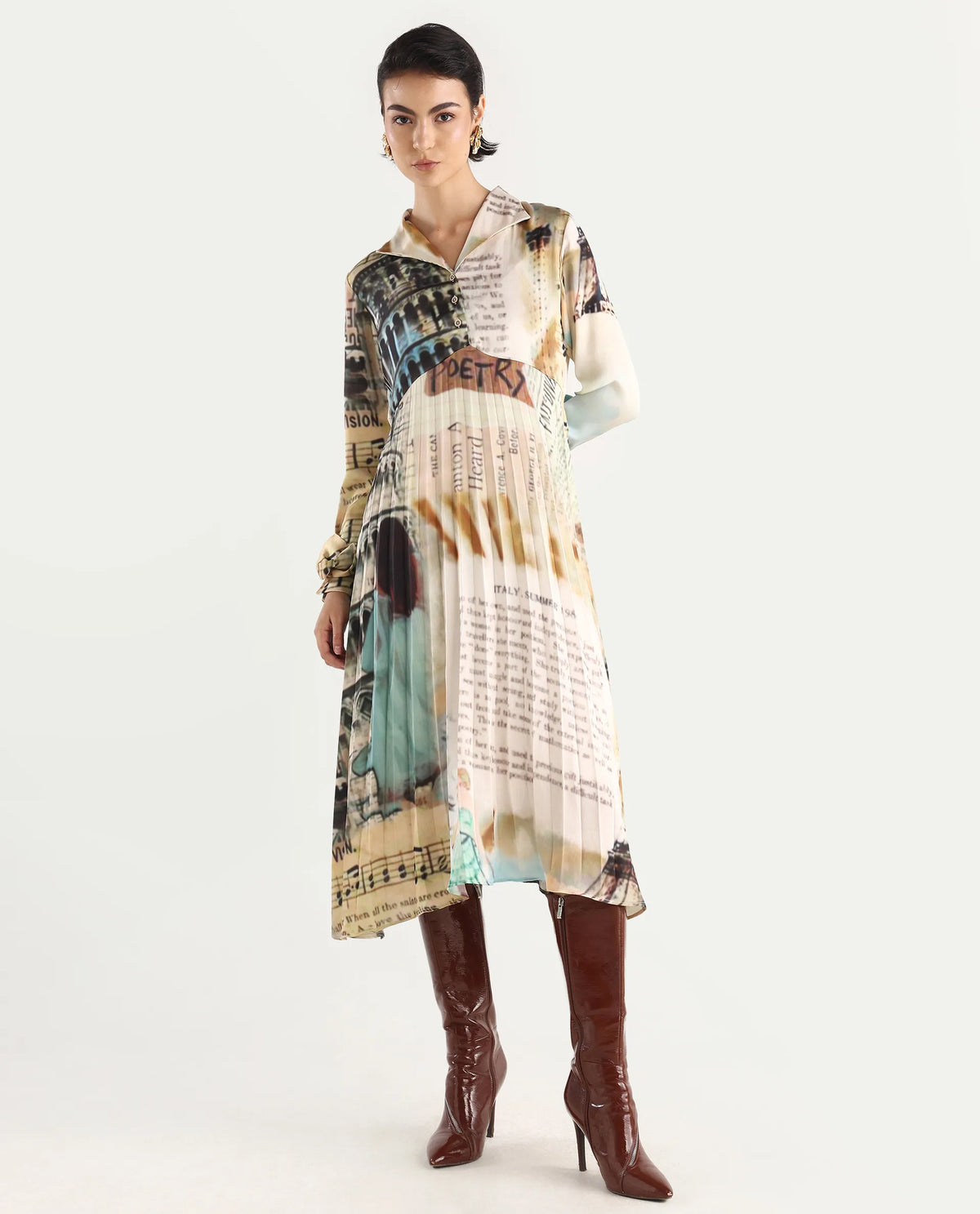 Rareism Women's Comros Multi Satin Drop Collar Abstract Print Cuffed Sleeve Maxi Flared Dress