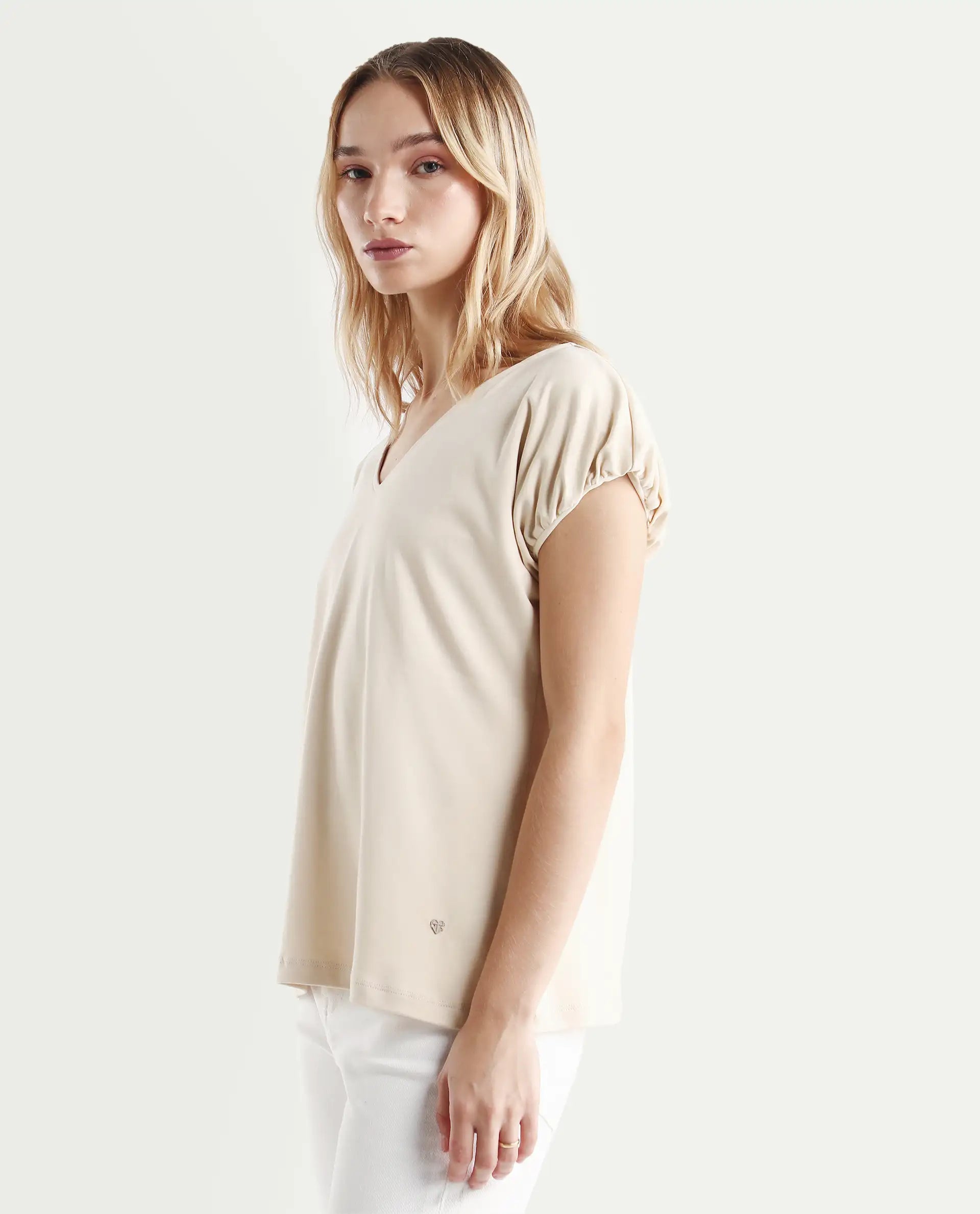 Rareism Women's Conrad Beige Cotton V-Neck Plain Extended Sleeves Regular Fit Top