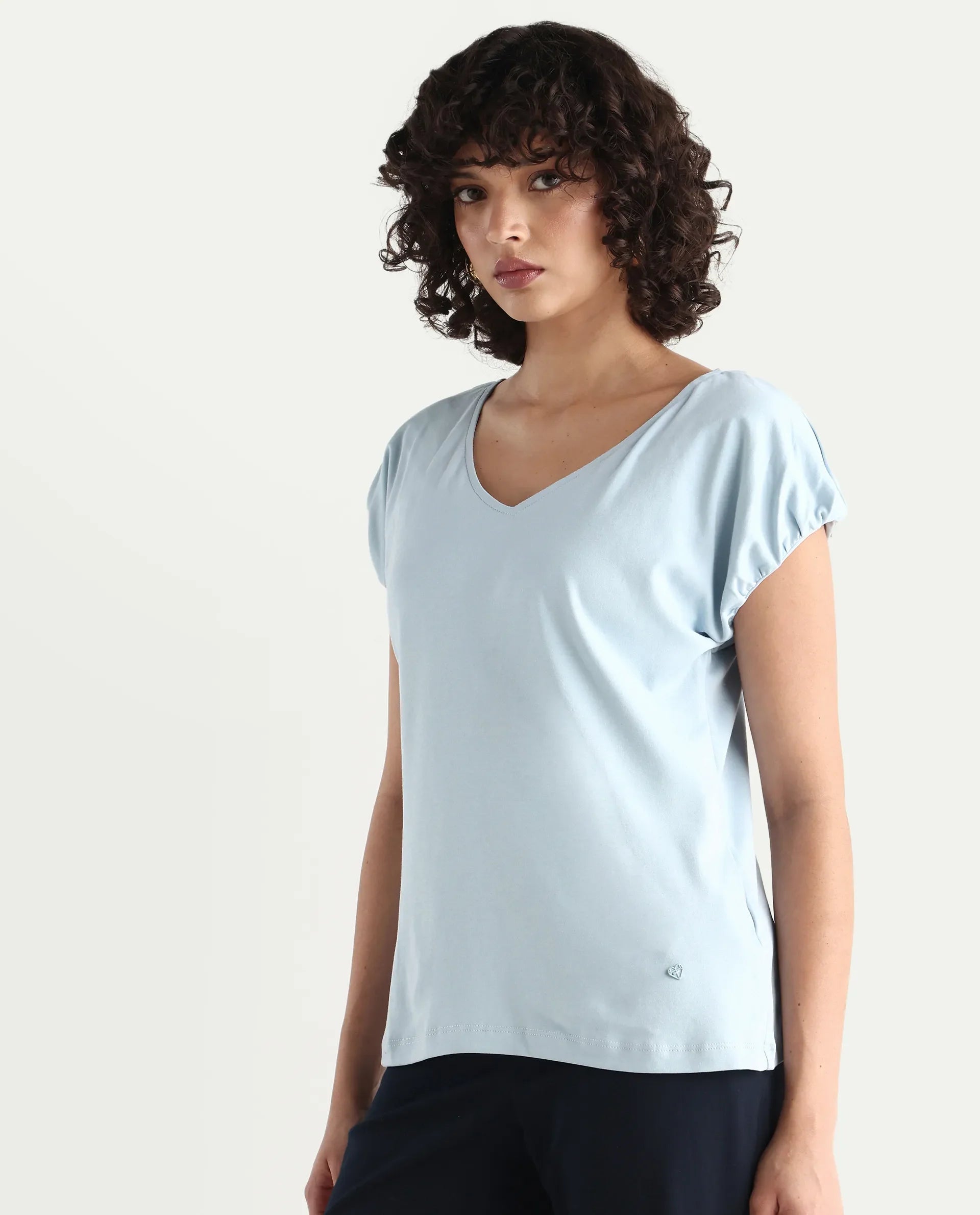 Rareism Women's Conrad Light Blue Cotton V-Neck Plain Extended Sleeves Regular Fit Top