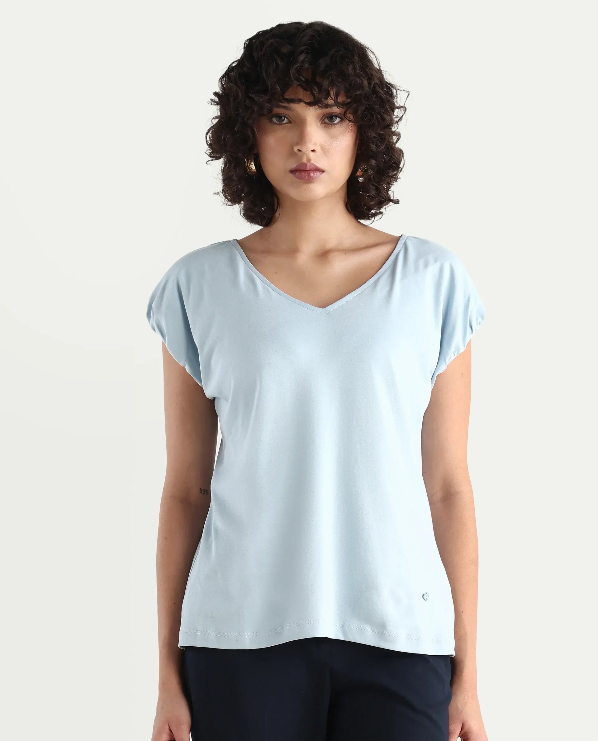 Rareism Women's Conrad Light Blue Cotton V-Neck Plain Extended Sleeves Regular Fit Top