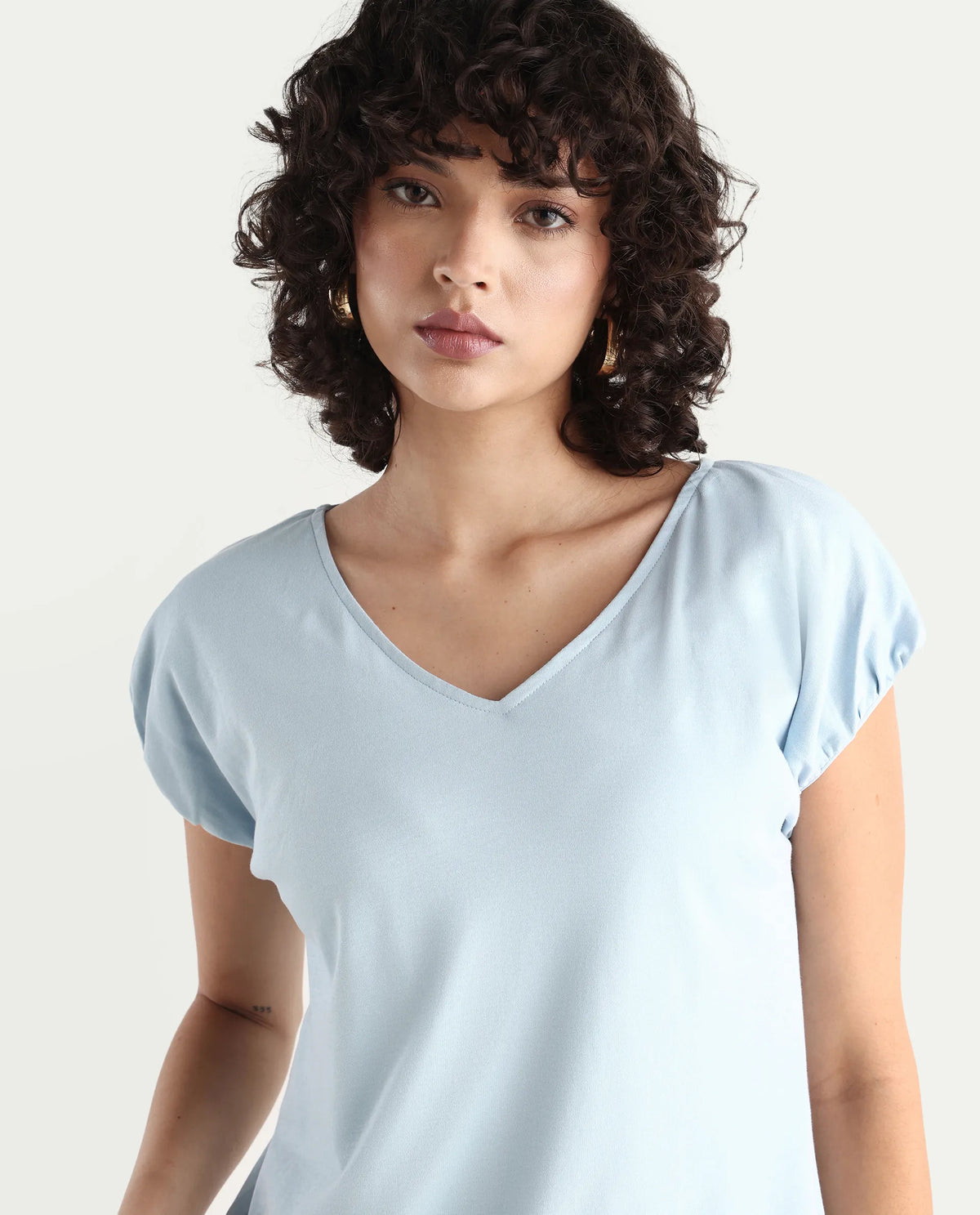 Rareism Women's Conrad Light Blue Cotton V-Neck Plain Extended Sleeves Regular Fit Top