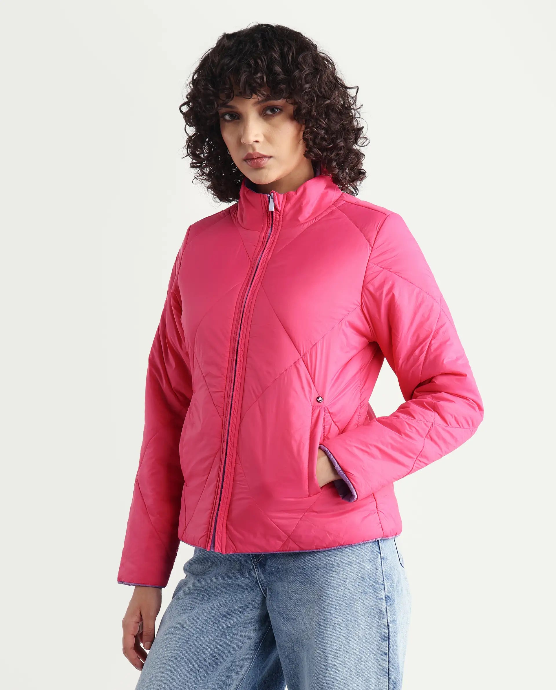 Rareism Women's Cora 1 Purple Nylon High Neck Plain Regular Fit Jacket
