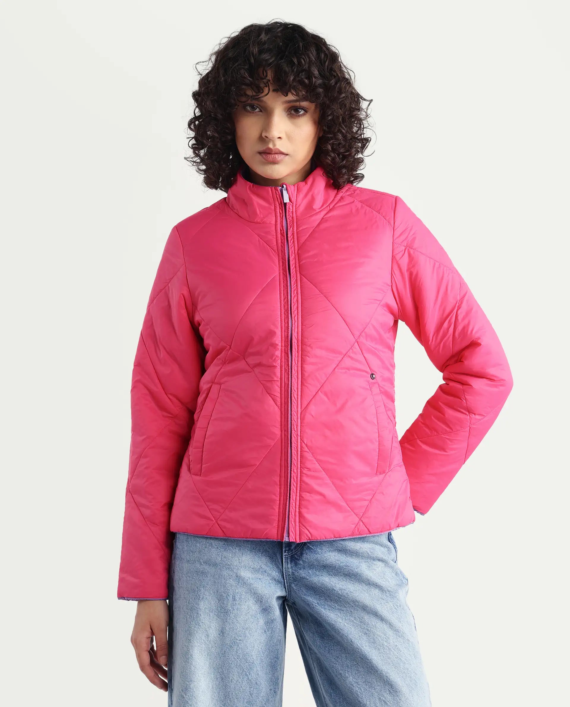 Rareism Women's Cora 1 Purple Nylon High Neck Plain Regular Fit Jacket