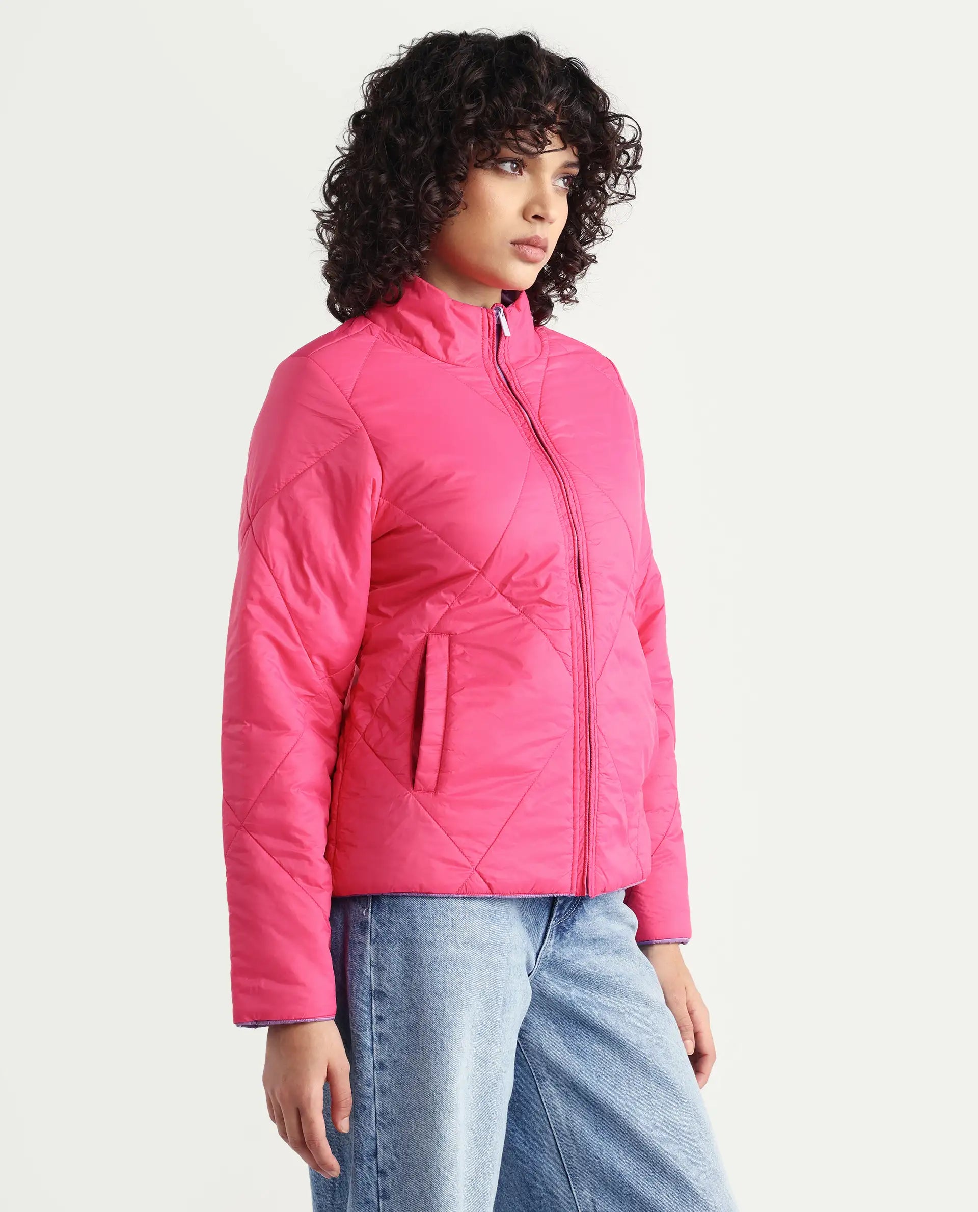 Rareism Women's Cora 1 Purple Nylon High Neck Plain Regular Fit Jacket