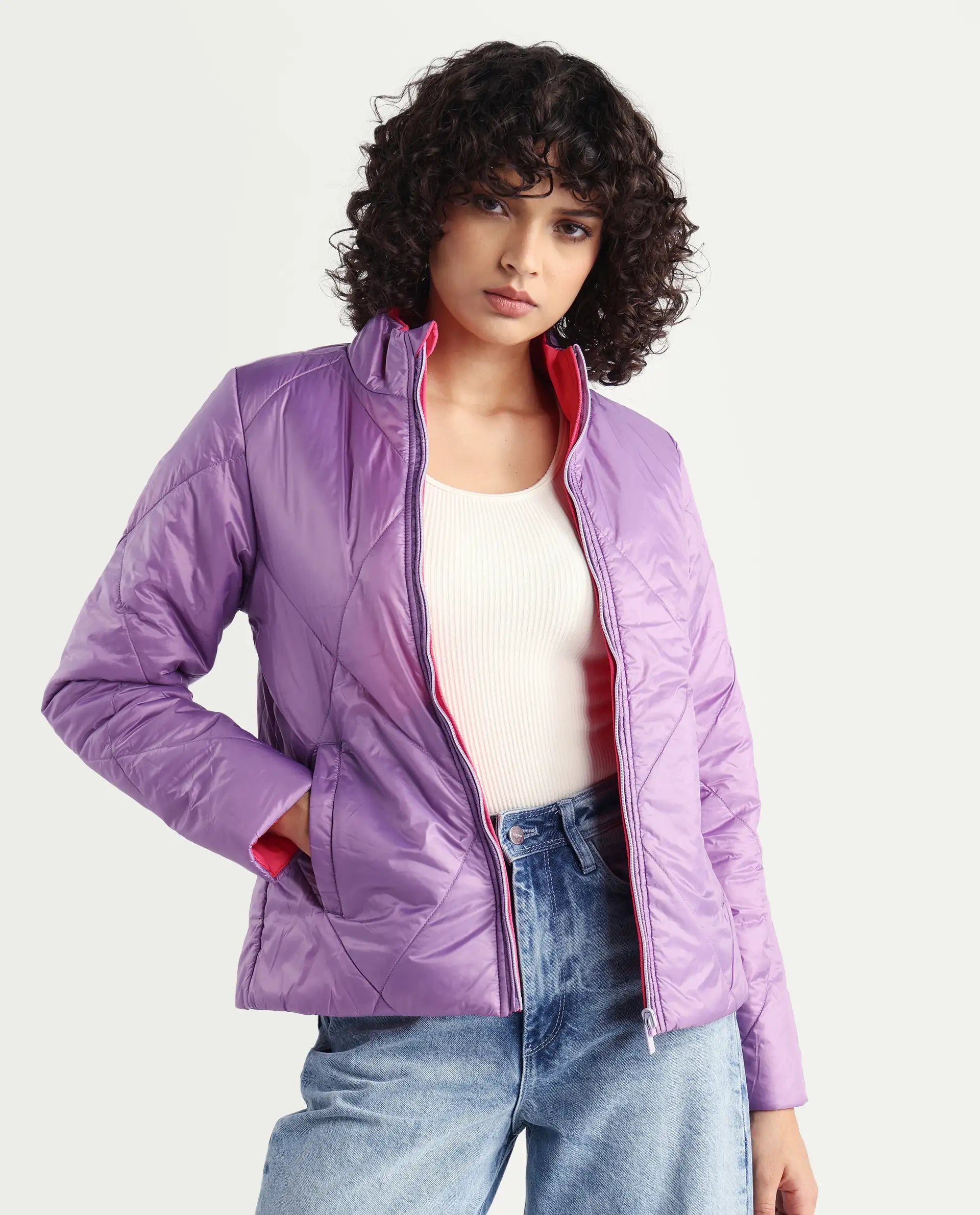 Rareism Women's Cora 1 Purple Nylon High Neck Plain Regular Fit Jacket