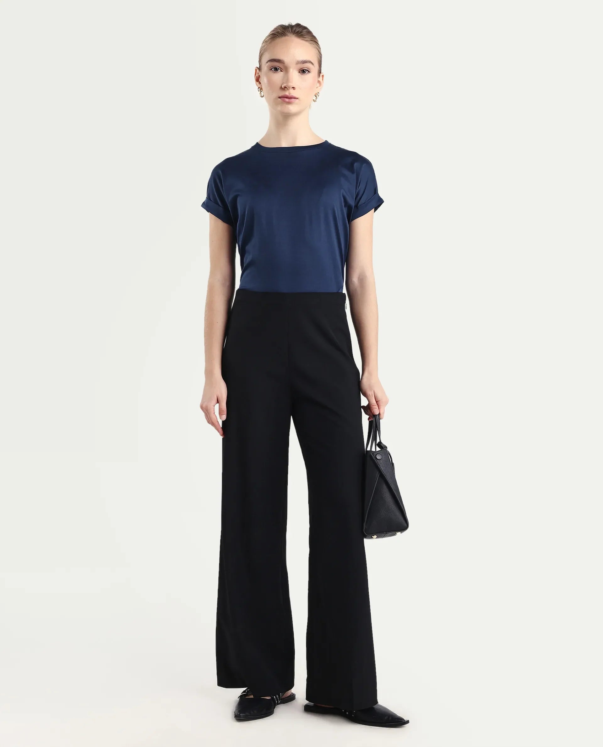 Rareism Women's Cors Navy Cotton Blend Crew Neck Plain Extended Sleeves Relaxed Fit T-Shirt