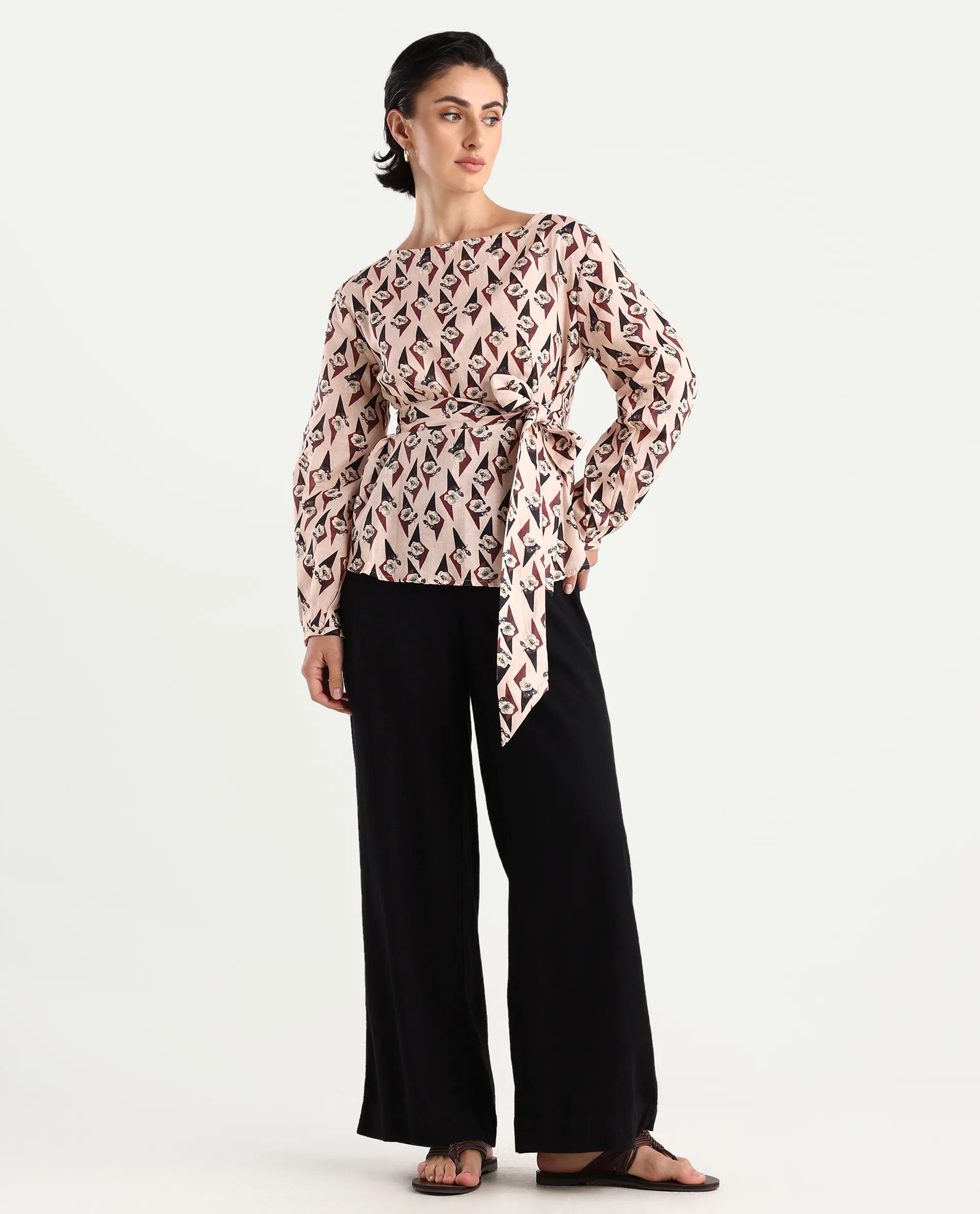 Rareism Women's Cosenza Multi Cotton Blend Boat Neck Floral Print Bishop Sleeve Regular Fit Top