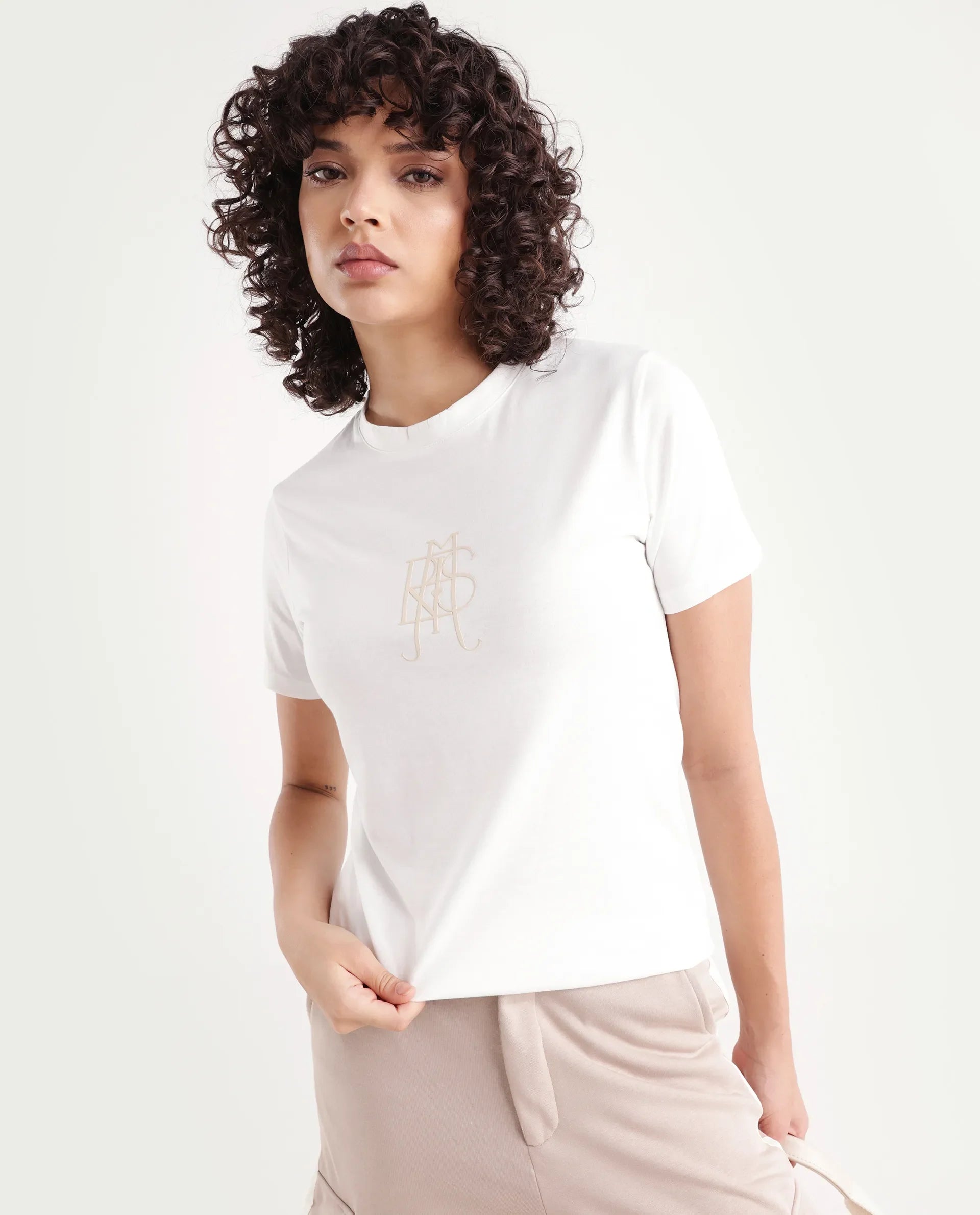 Rareism Women's Cosme Off White Cotton Blend Crew Neck Graphic Print Regular Fit T-Shirt