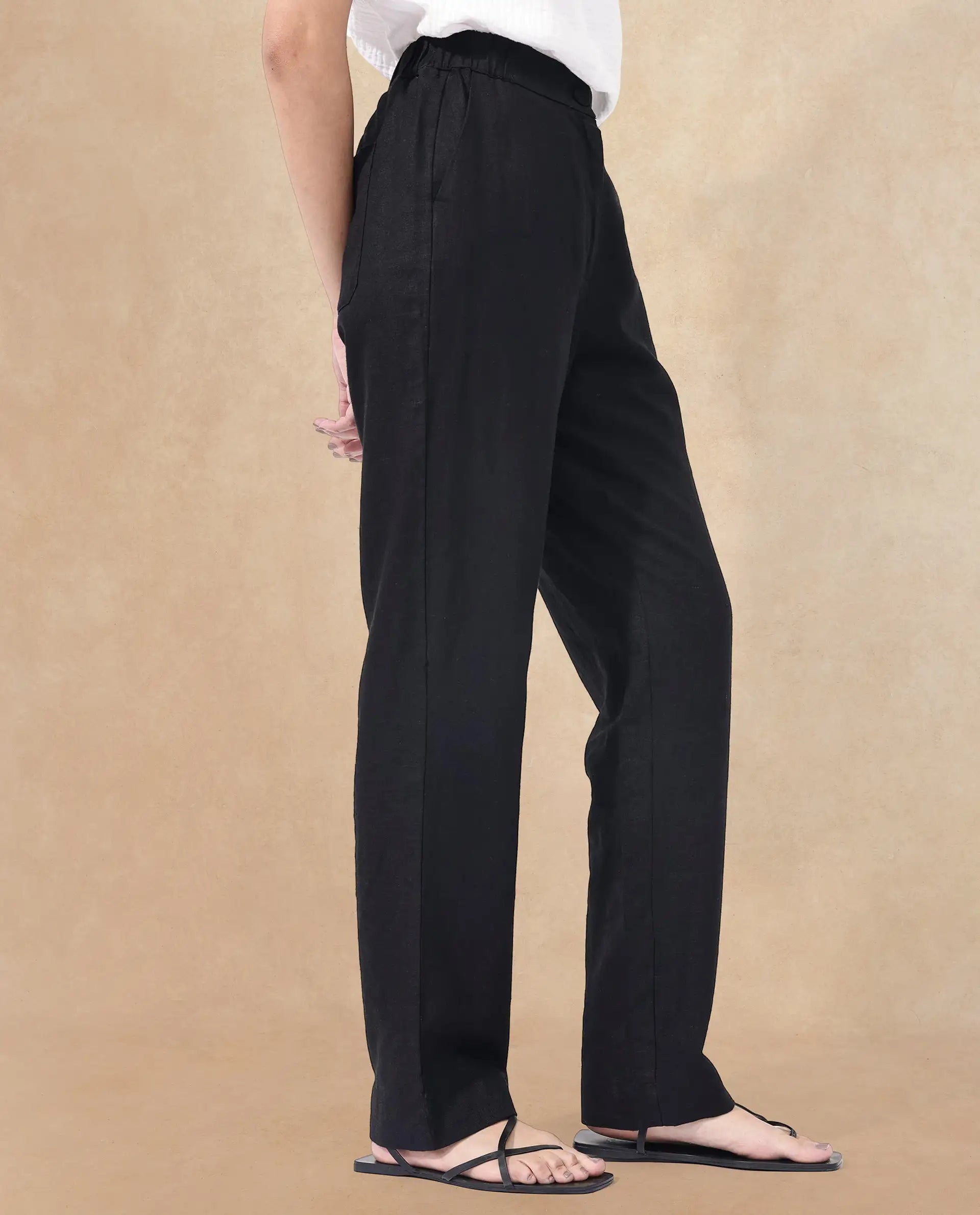 Rareism Women's Costa-B Black Linen Plain Ankle Length Tapered Trouser