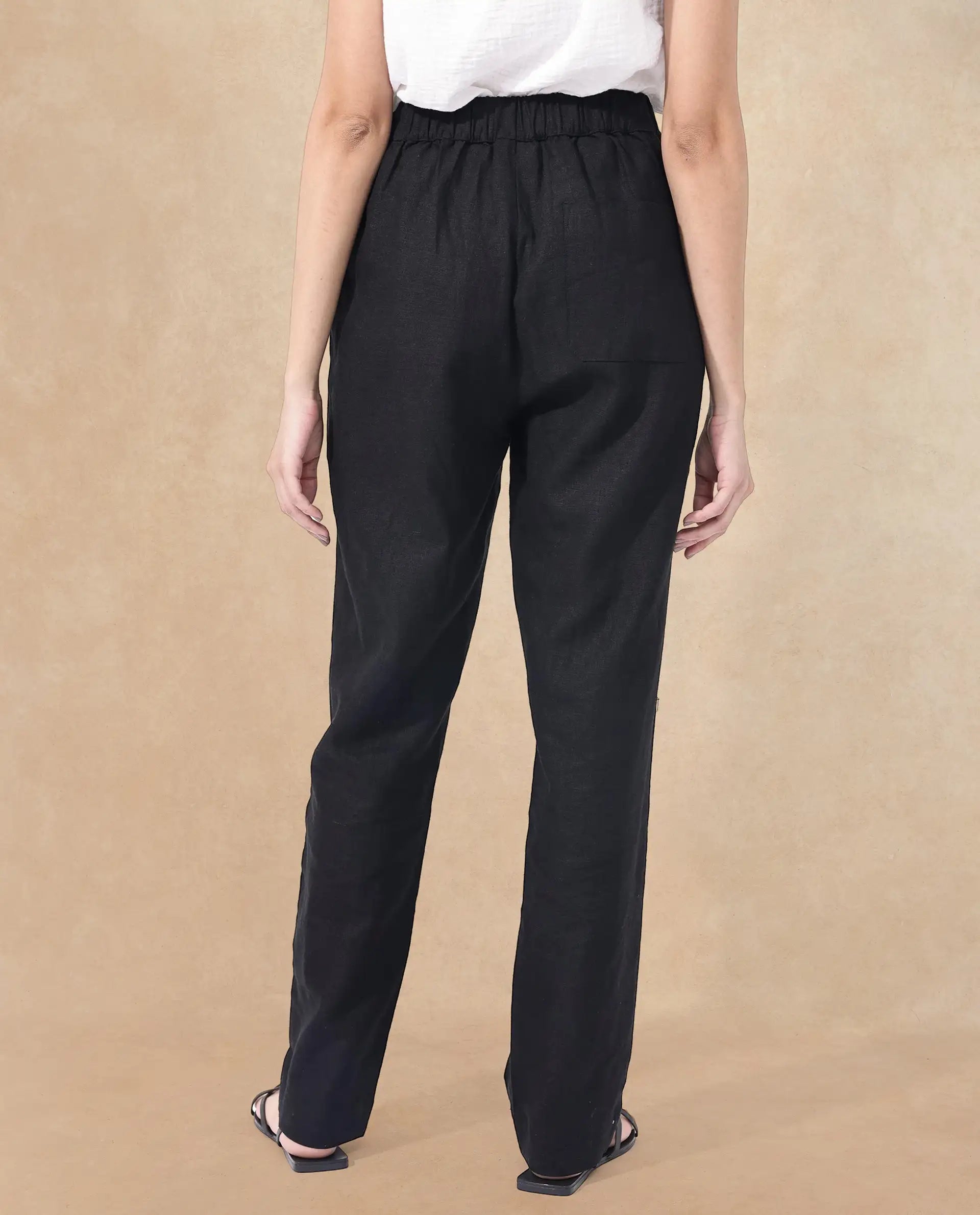 Rareism Women's Costa-B Black Linen Plain Ankle Length Tapered Trouser