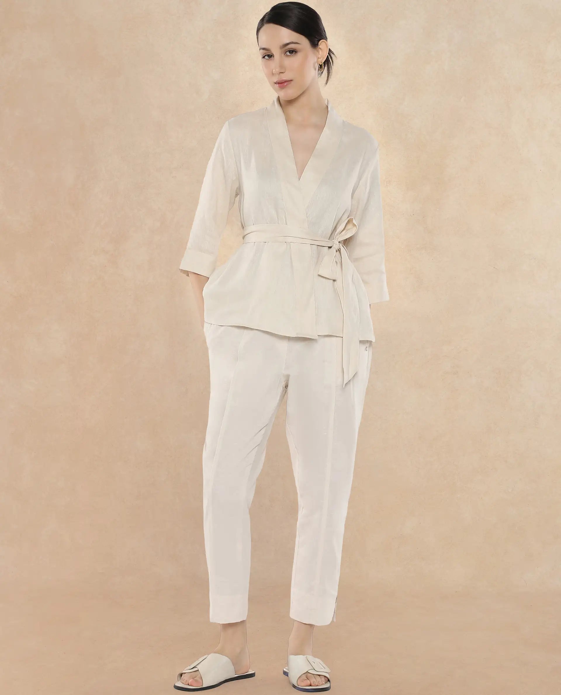 Rareism Women Costa-T Light Beige Cotton Linen Fabric Regular Sleeves Collared Neck Solid Regular Length Top