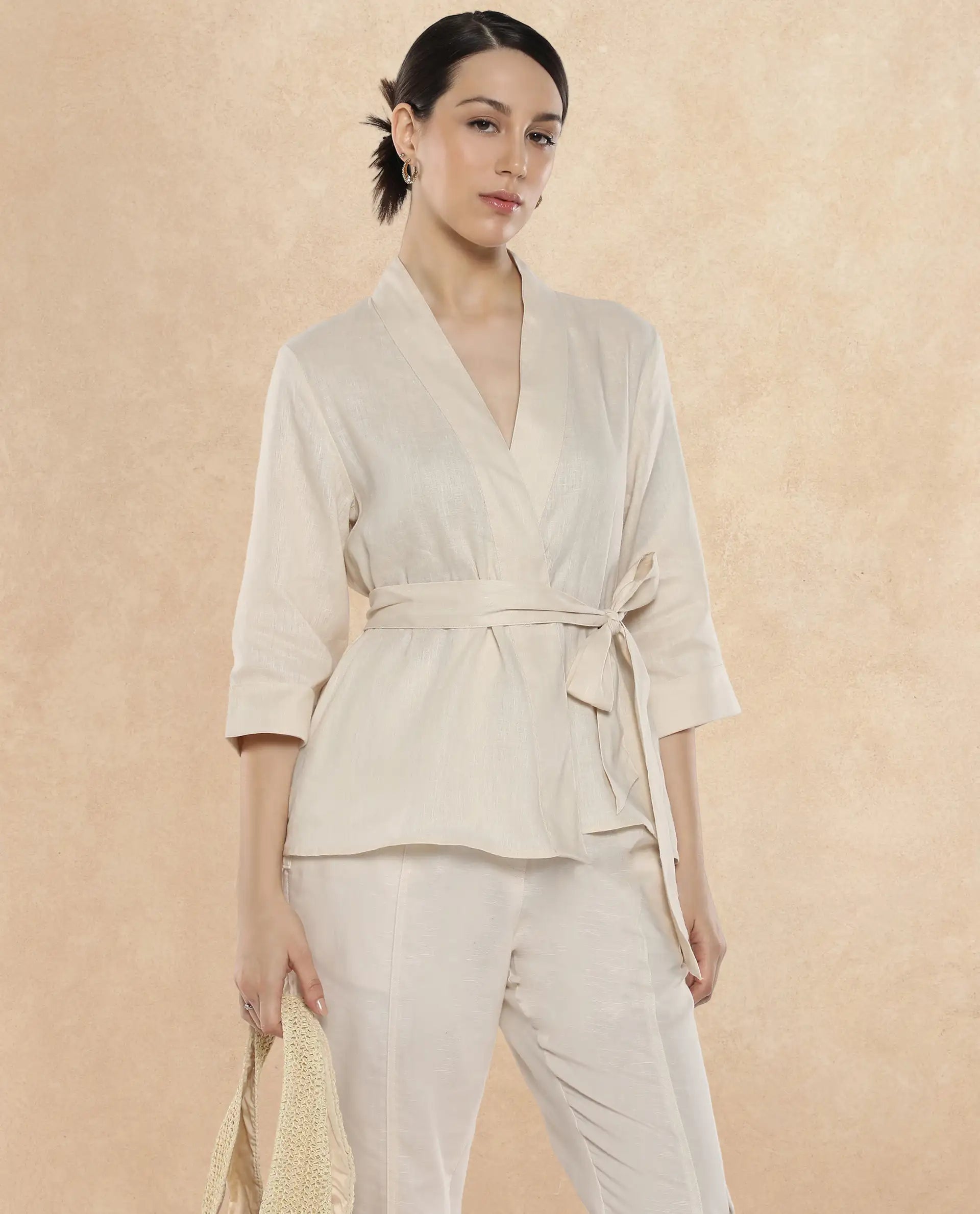 Rareism Women Costa-T Light Beige Cotton Linen Fabric Regular Sleeves Collared Neck Solid Regular Length Top