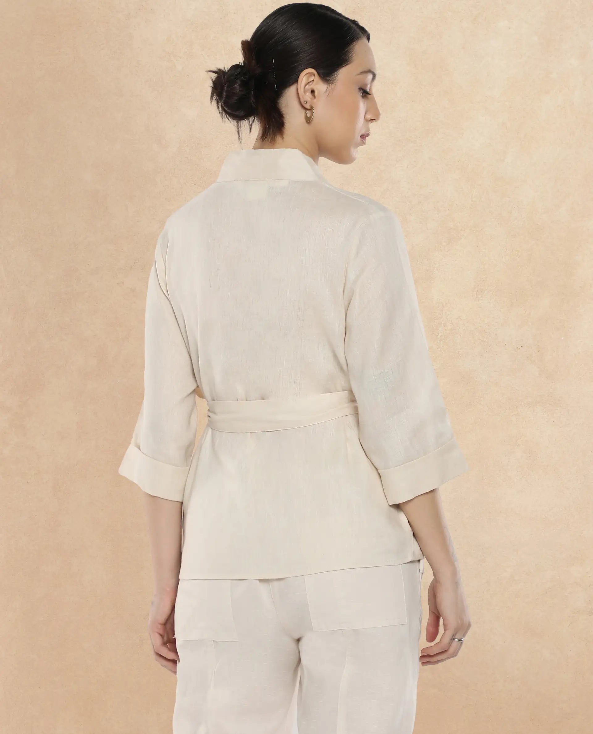 Rareism Women Costa-T Light Beige Cotton Linen Fabric Regular Sleeves Collared Neck Solid Regular Length Top