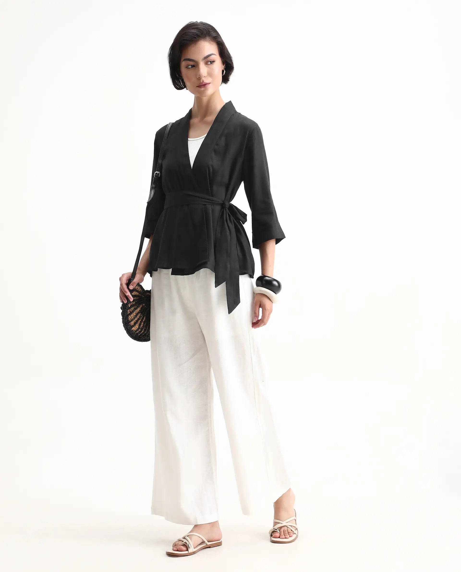 Rareism Women's Costa-T Black Cotton Blend Overlap Neck Plain Regular Fit Top