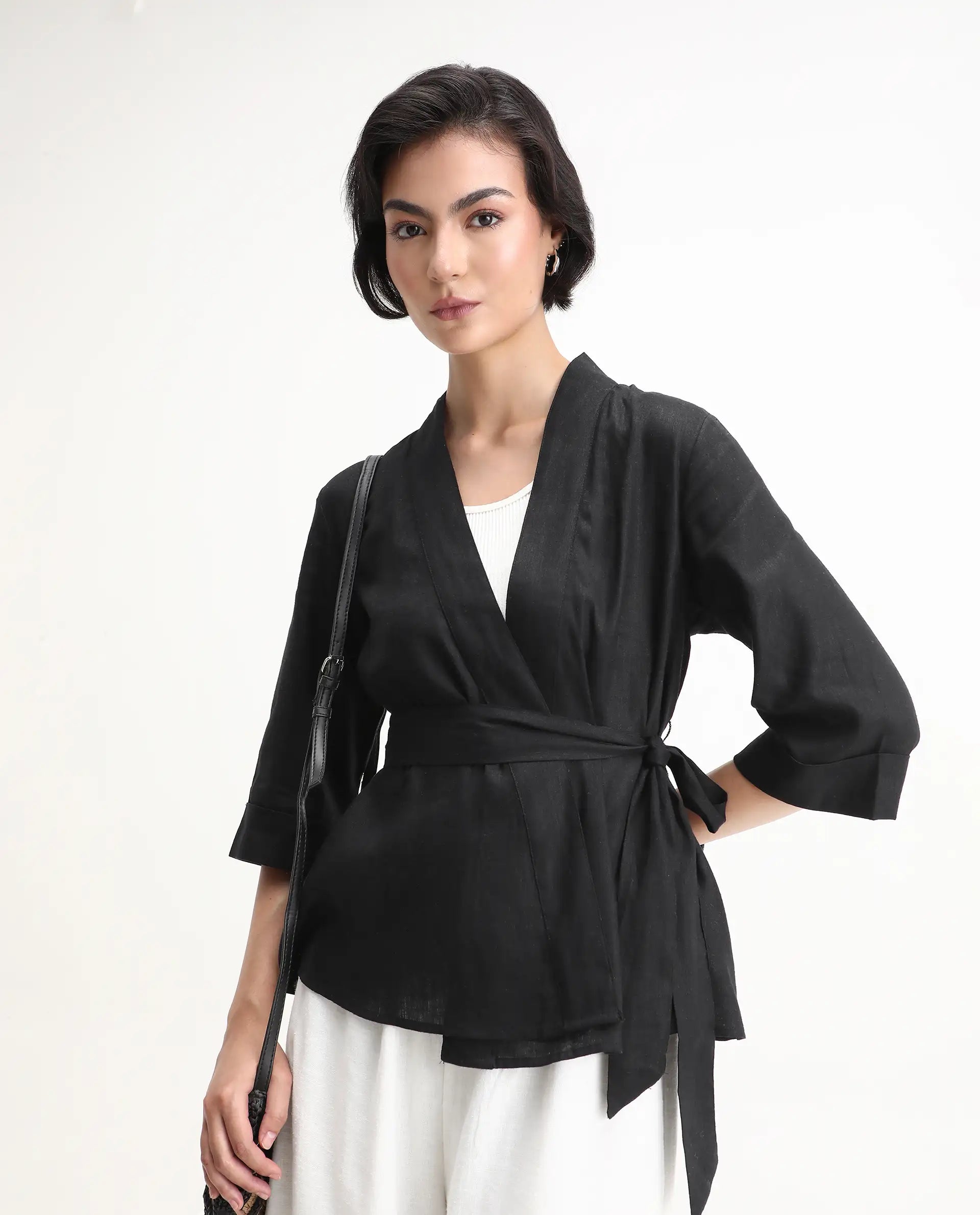 Rareism Women's Costa-T Black Cotton Blend Overlap Neck Plain Regular Fit Top