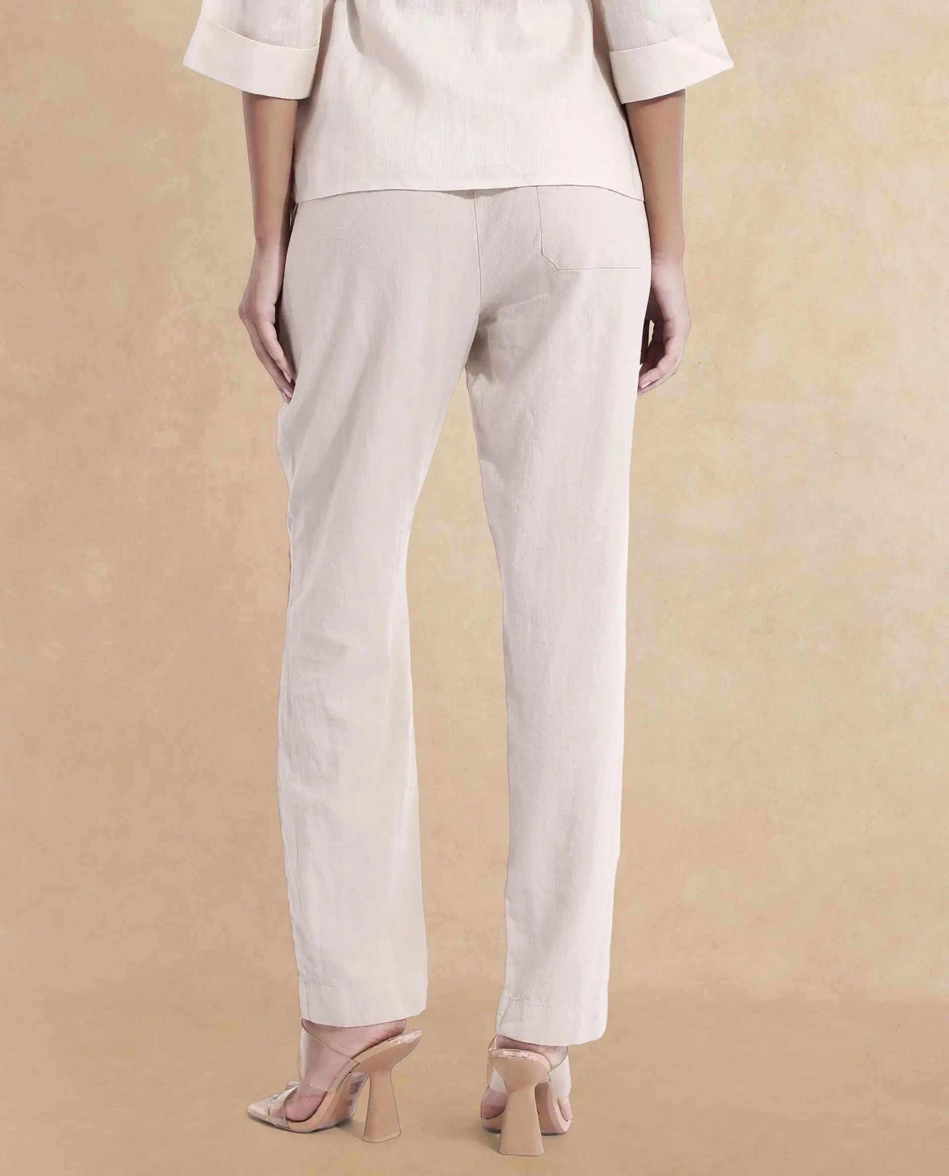 Rareism Women Costa-B Light Beige Cotton Linen Fabric Regular Length Trouser