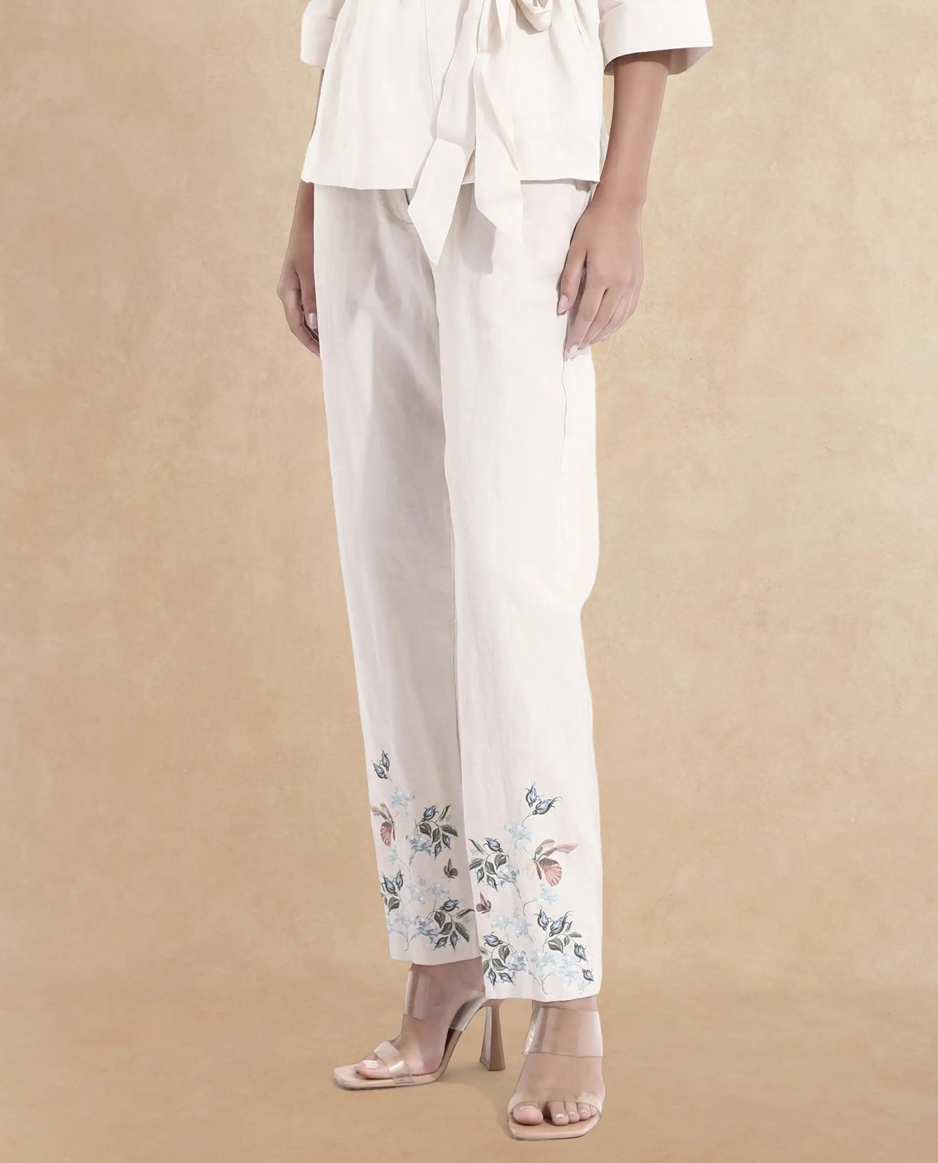 Rareism Women Costa-B Light Beige Cotton Linen Fabric Regular Length Trouser