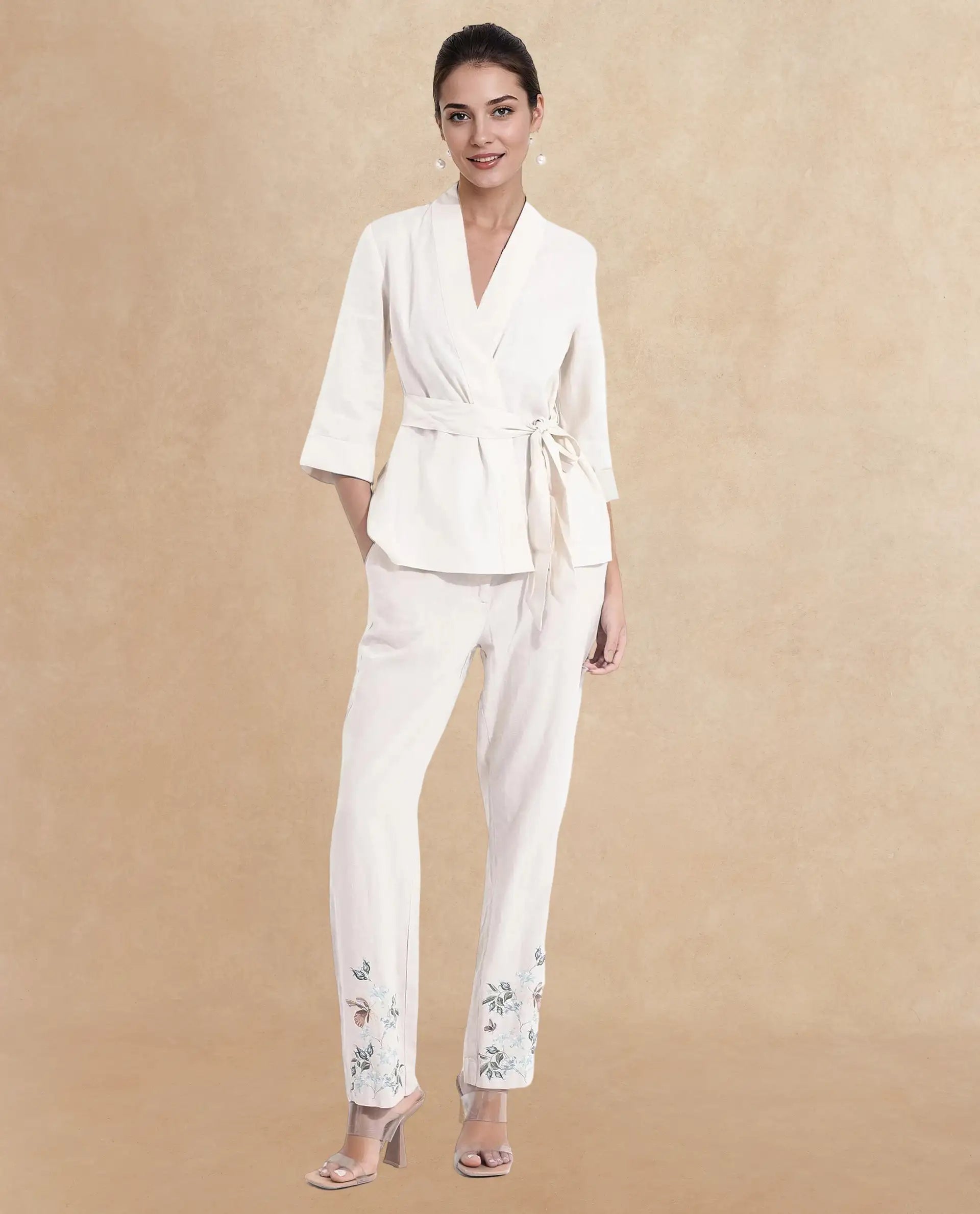 Rareism Women Costa-B Light Beige Cotton Linen Fabric Regular Length Trouser