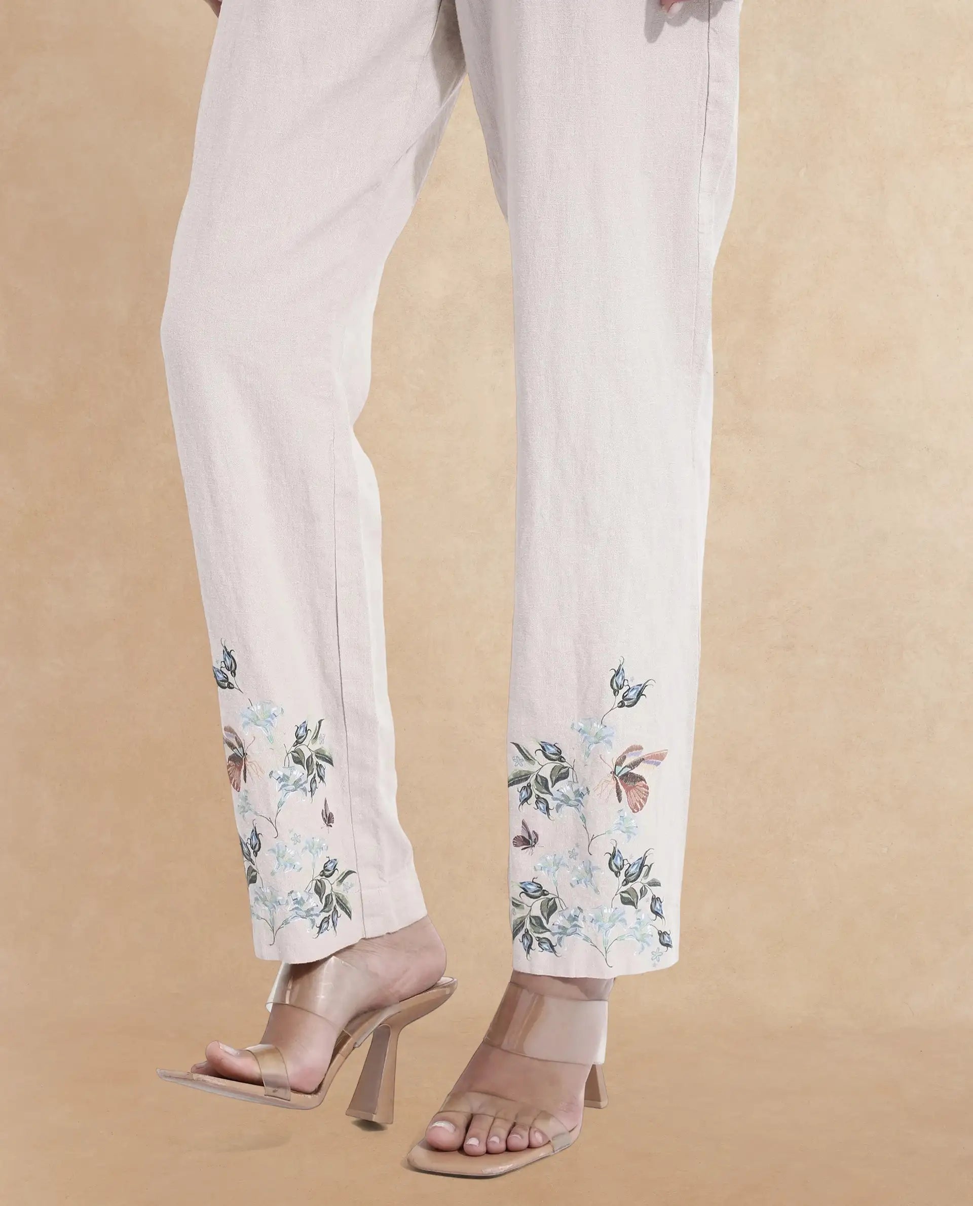 Rareism Women Costa-B Light Beige Cotton Linen Fabric Regular Length Trouser