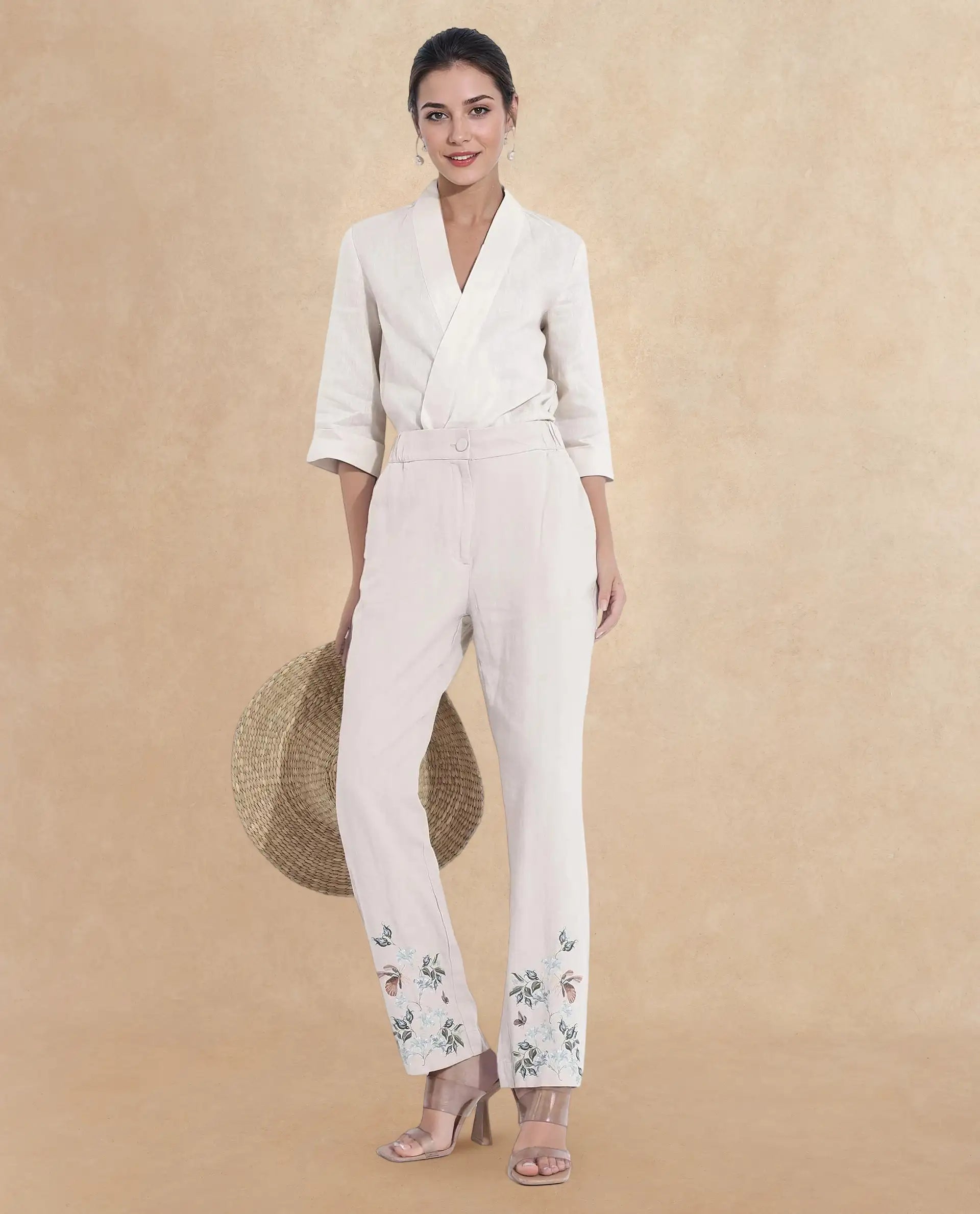 Rareism Women Costa-B Light Beige Cotton Linen Fabric Regular Length Trouser