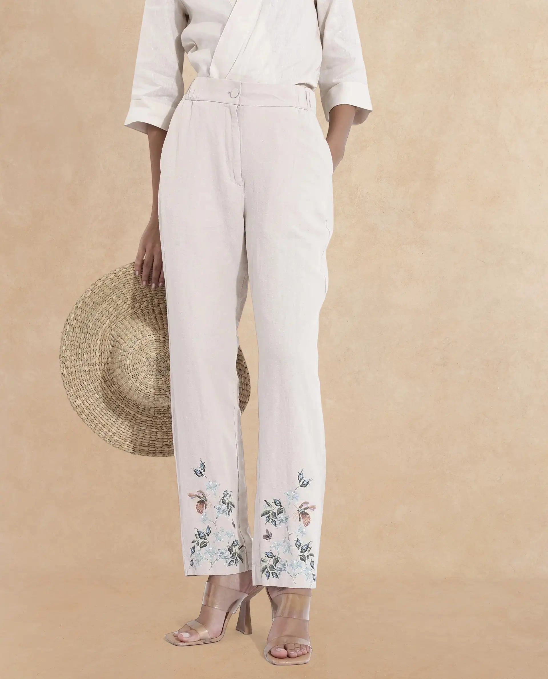 Rareism Women Costa-B Light Beige Cotton Linen Fabric Regular Length Trouser