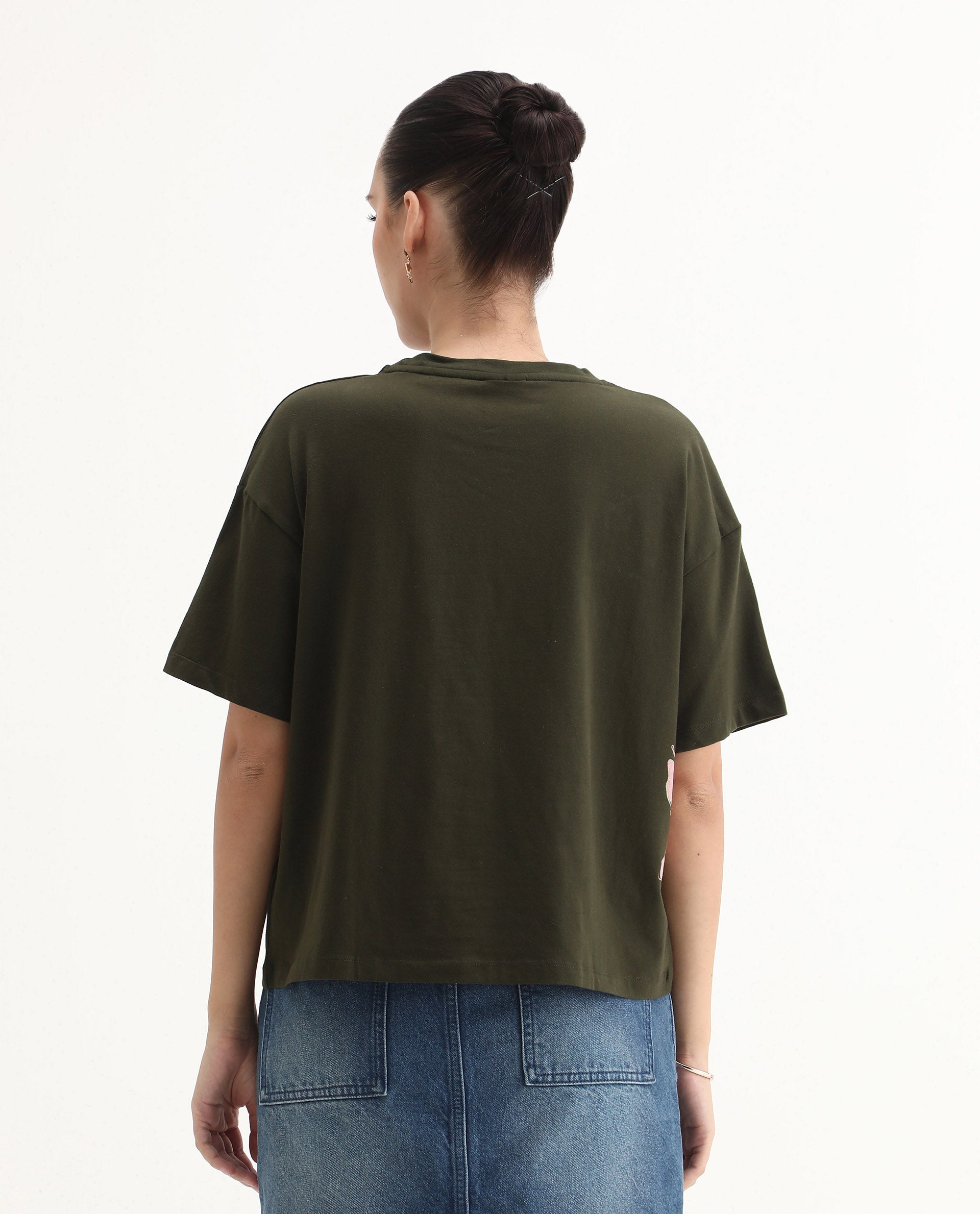 Rareism Women's Couler Olive Cotton Blend Crew Neck Graphic Print Relaxed Fit T-Shirt