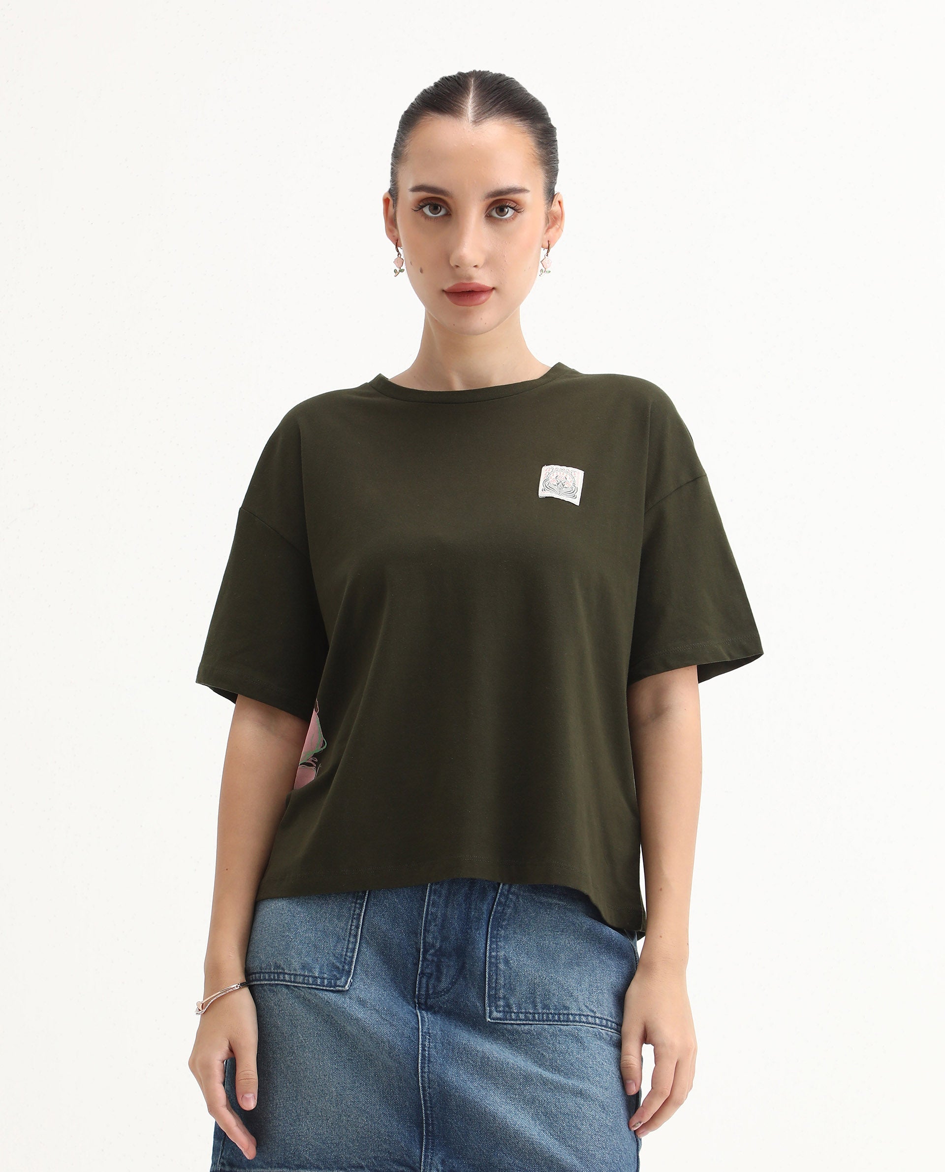 Rareism Women's Couler Olive Cotton Blend Crew Neck Graphic Print Relaxed Fit T-Shirt