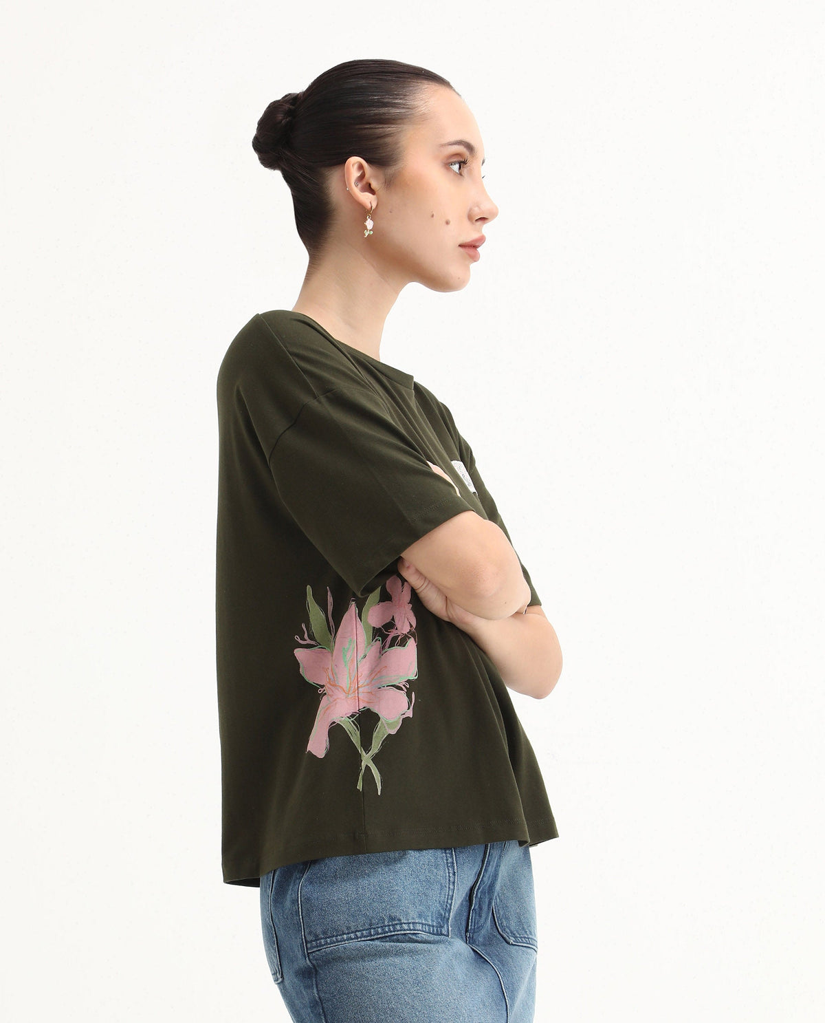 Rareism Women's Couler Olive Cotton Blend Crew Neck Graphic Print Relaxed Fit T-Shirt