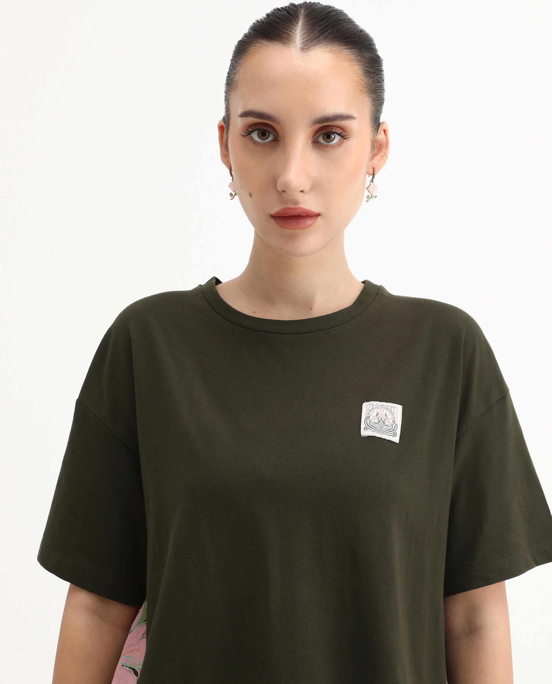 Rareism Women's Couler Olive Cotton Blend Crew Neck Graphic Print Relaxed Fit T-Shirt