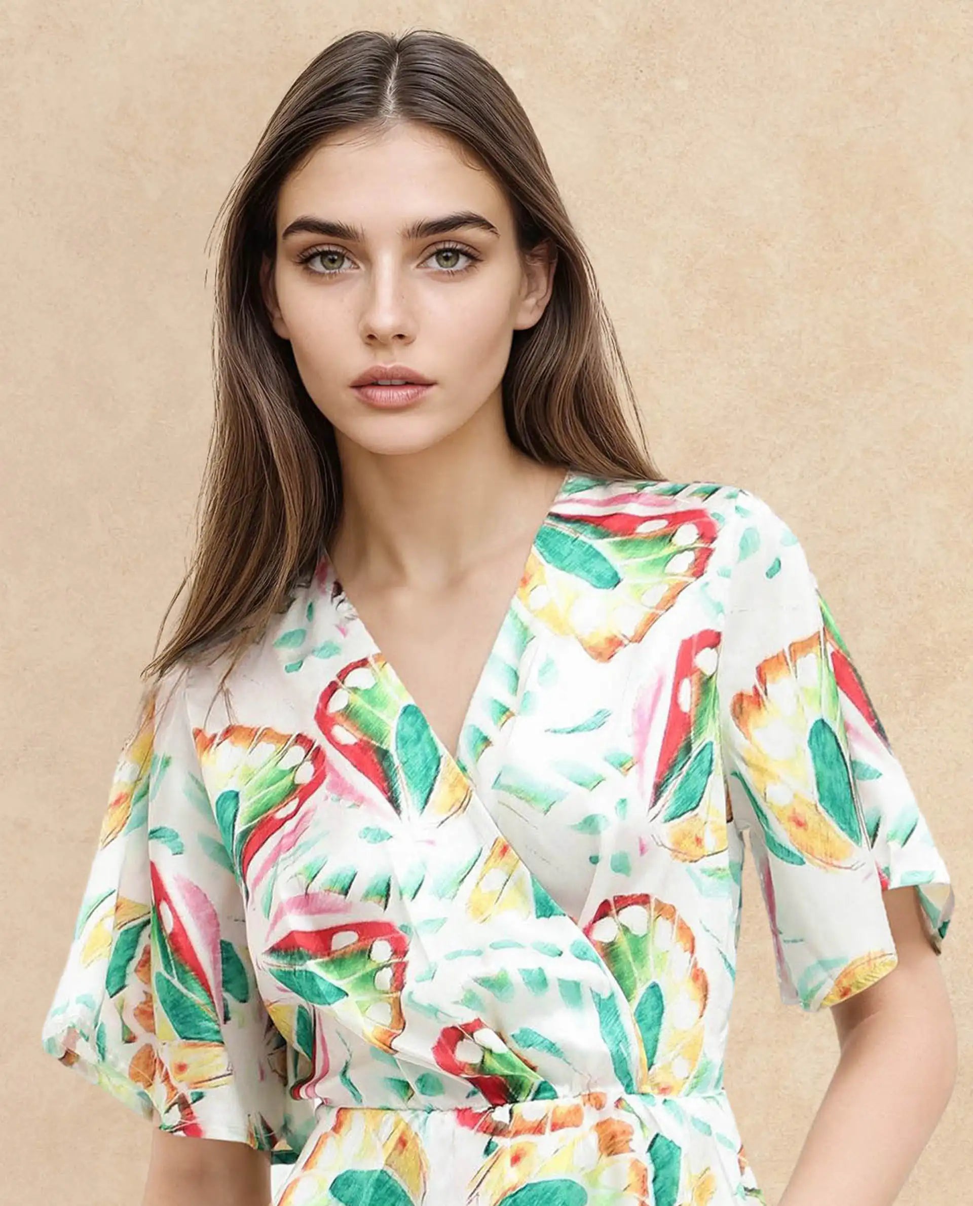Rareism Women's Crelomi Light Multi Overlap Neck Button Closure Half Sleeve Floral Print Fit And Flare Mini Dress