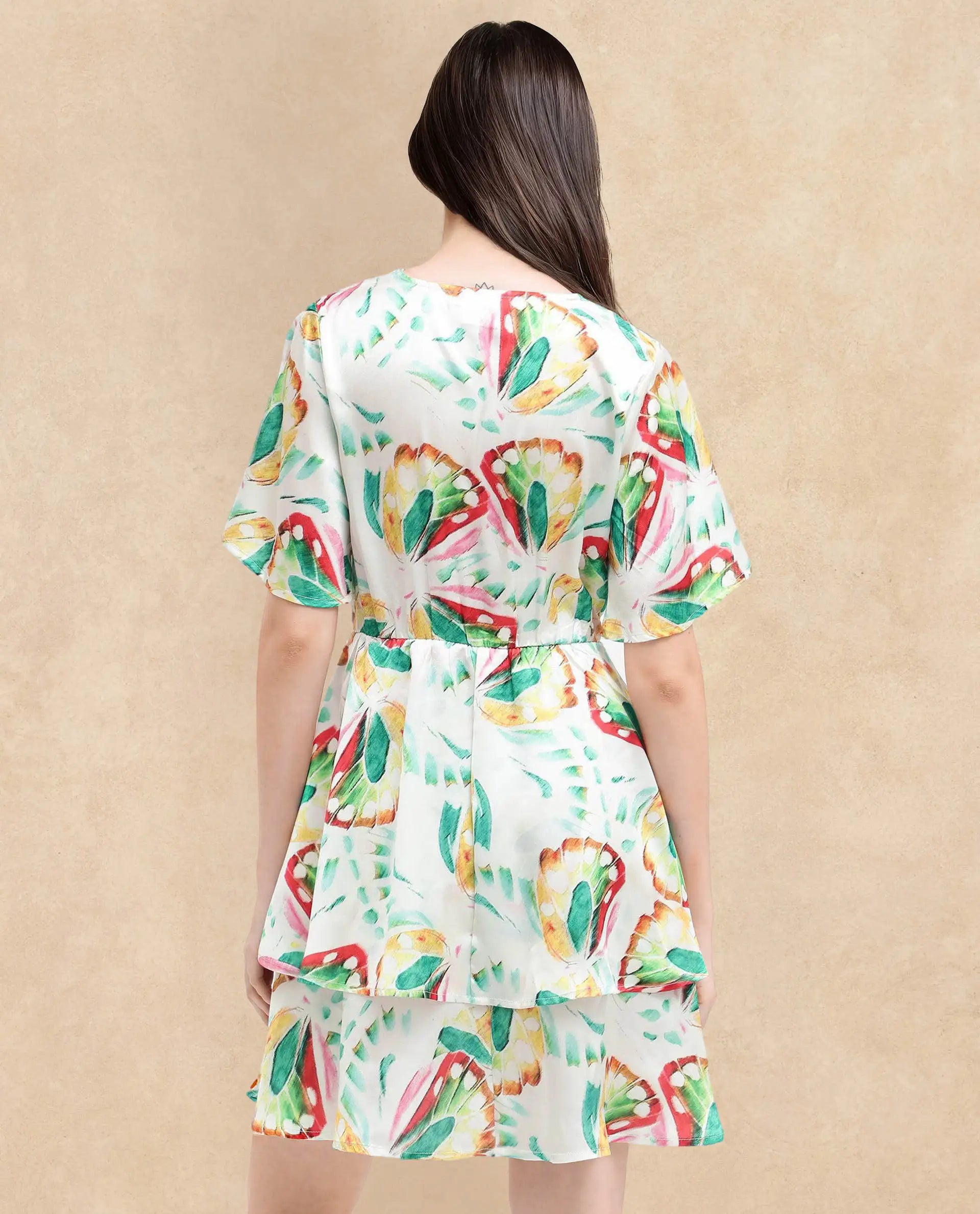 Rareism Women's Crelomi Light Multi Overlap Neck Button Closure Half Sleeve Floral Print Fit And Flare Mini Dress