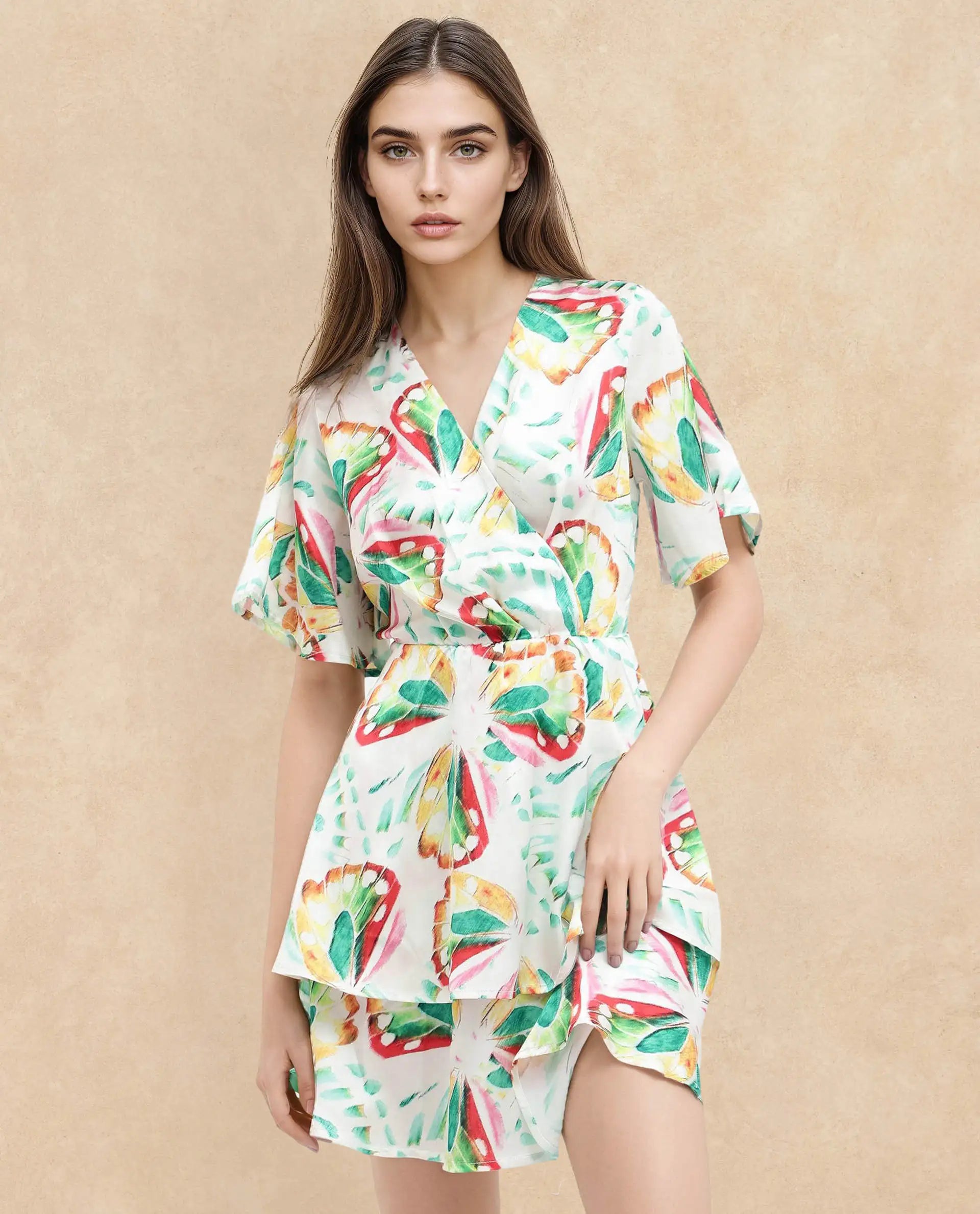 Rareism Women's Crelomi Light Multi Overlap Neck Button Closure Half Sleeve Floral Print Fit And Flare Mini Dress