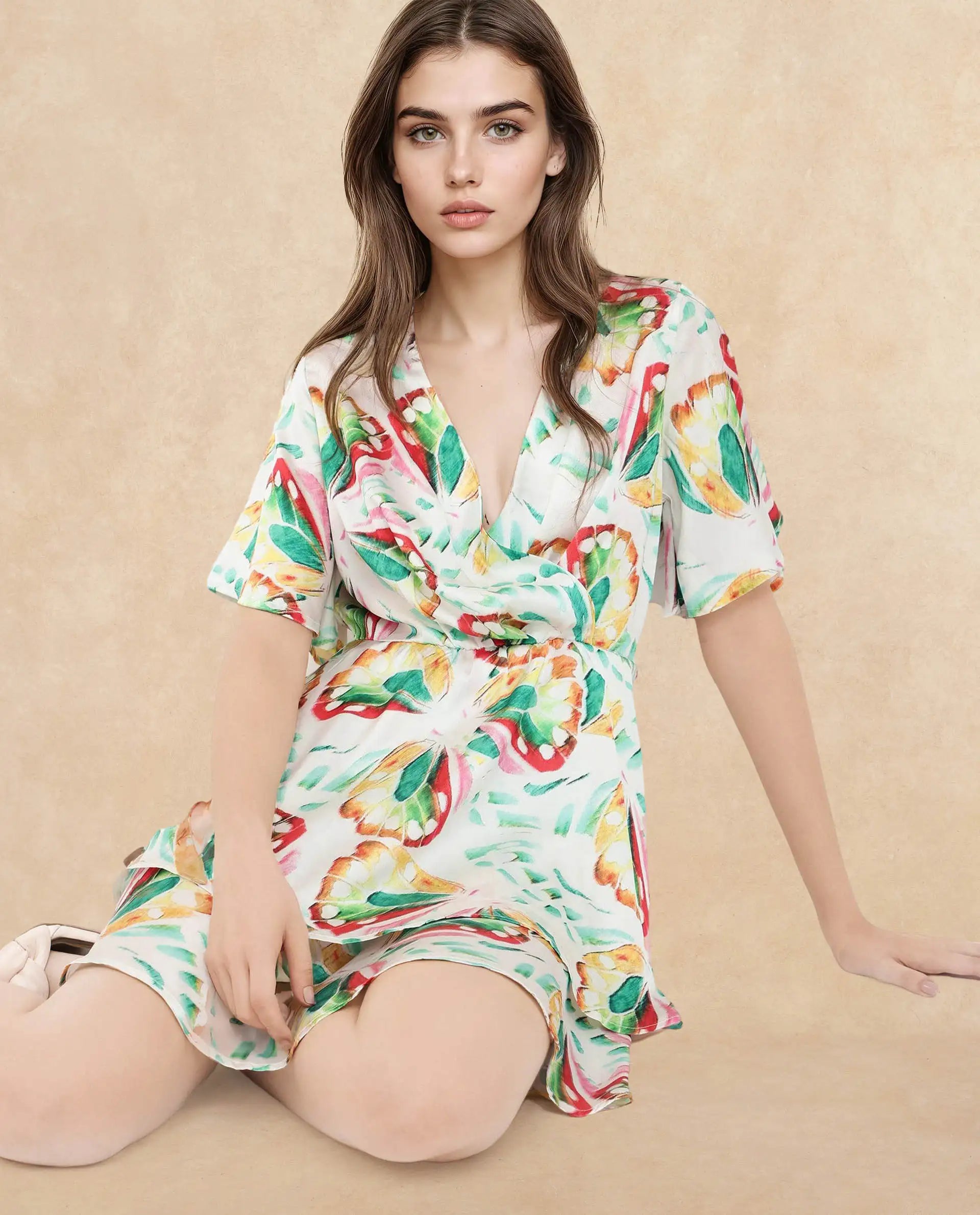 Rareism Women's Crelomi Light Multi Overlap Neck Button Closure Half Sleeve Floral Print Fit And Flare Mini Dress