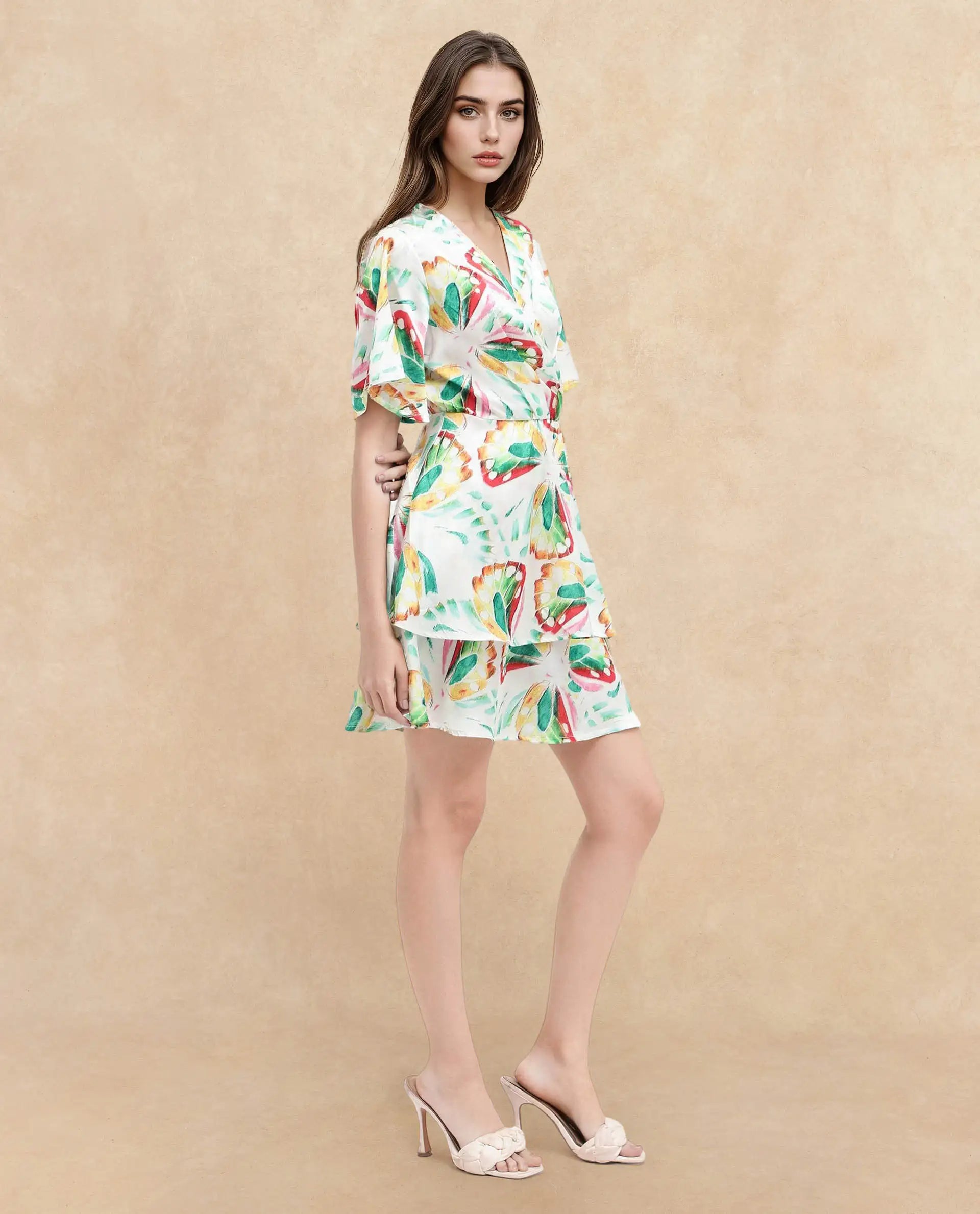 Rareism Women's Crelomi Light Multi Overlap Neck Button Closure Half Sleeve Floral Print Fit And Flare Mini Dress