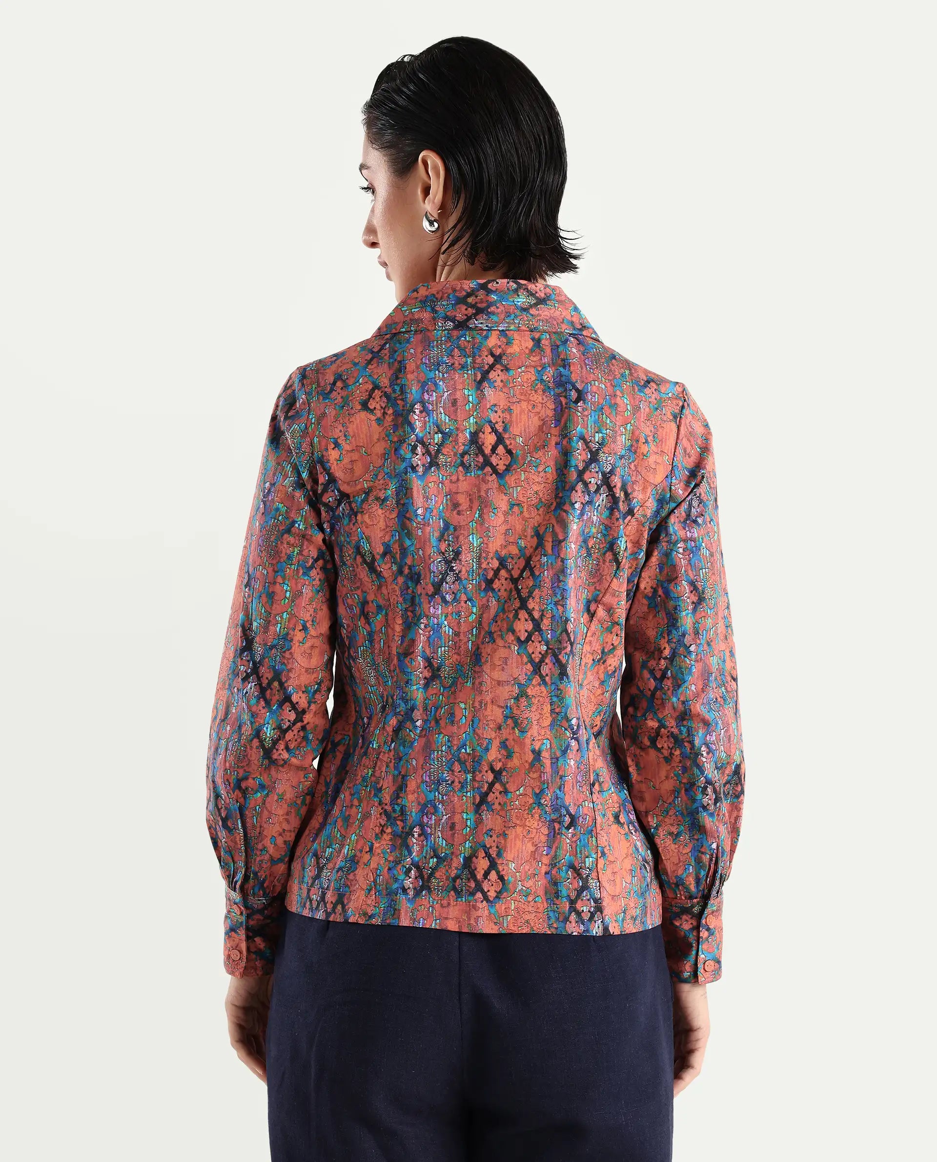 Rareism Women's Cremona Multi Cotton Johnny Collar Abstract Print Cuffed Sleeve Regular Fit Top