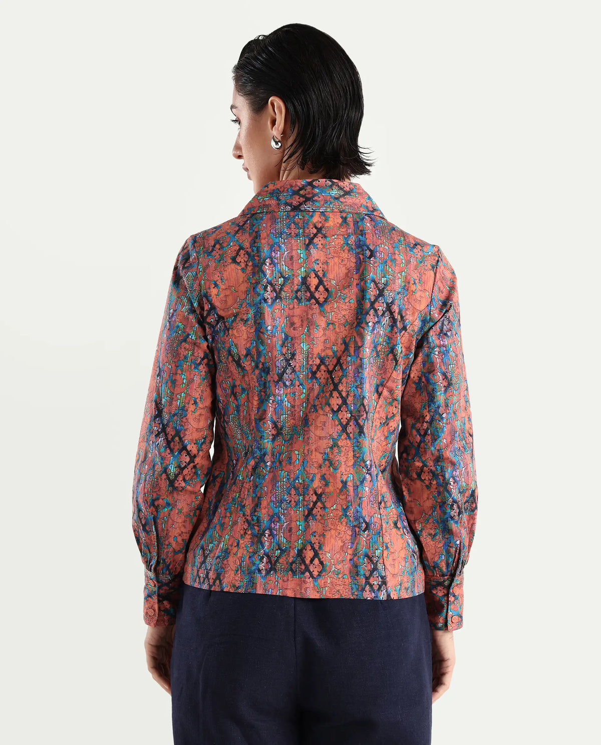 Rareism Women's Cremona Multi Cotton Johnny Collar Abstract Print Cuffed Sleeve Regular Fit Top