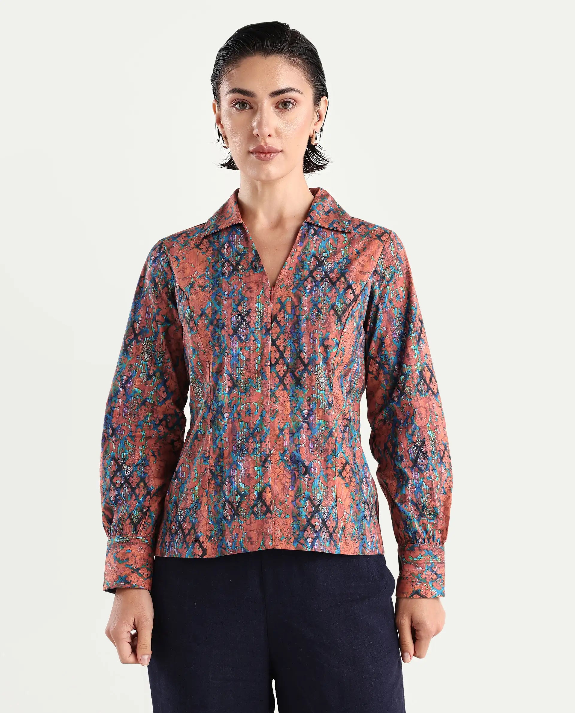 Rareism Women's Cremona Multi Cotton Johnny Collar Abstract Print Cuffed Sleeve Regular Fit Top