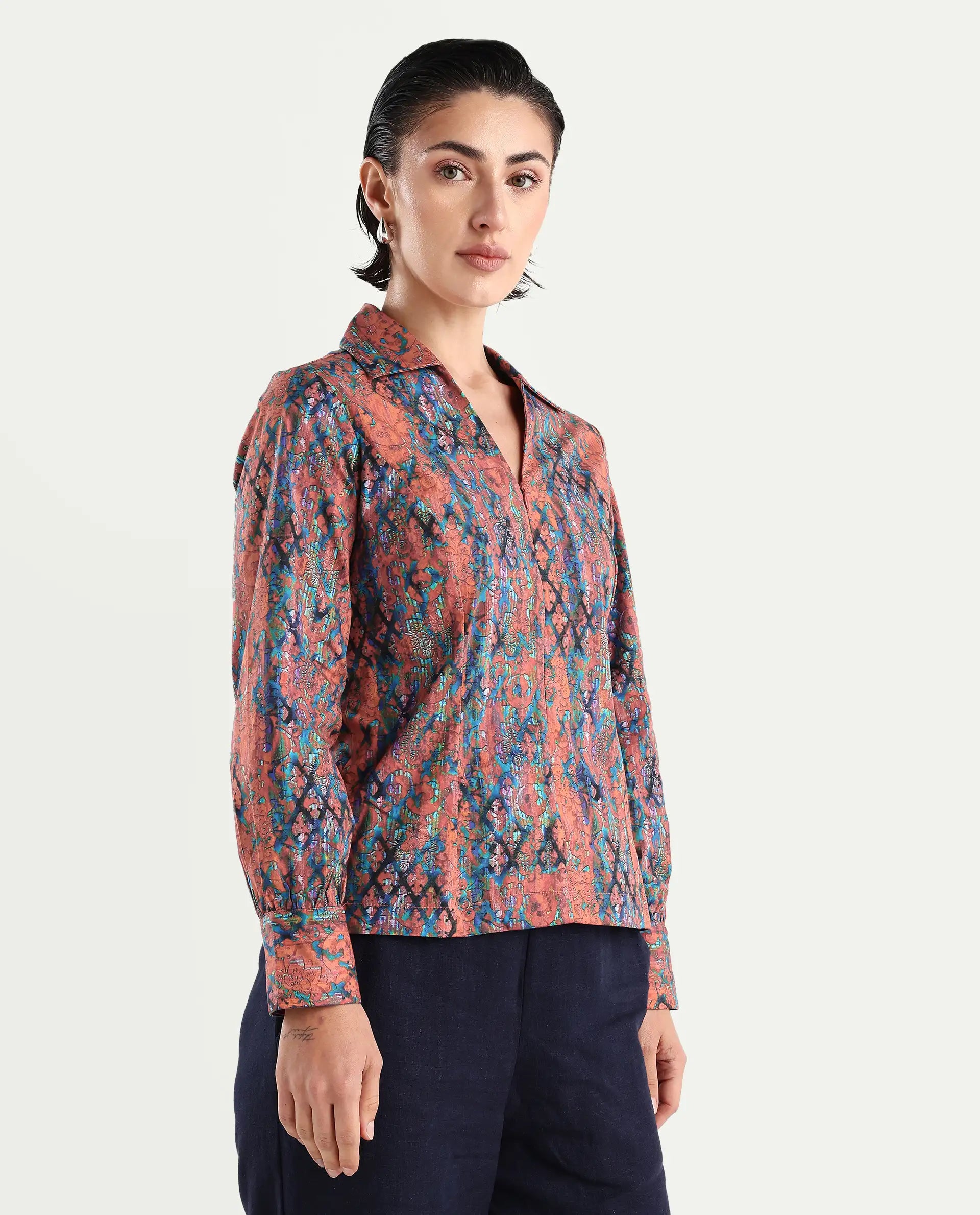 Rareism Women's Cremona Multi Cotton Johnny Collar Abstract Print Cuffed Sleeve Regular Fit Top