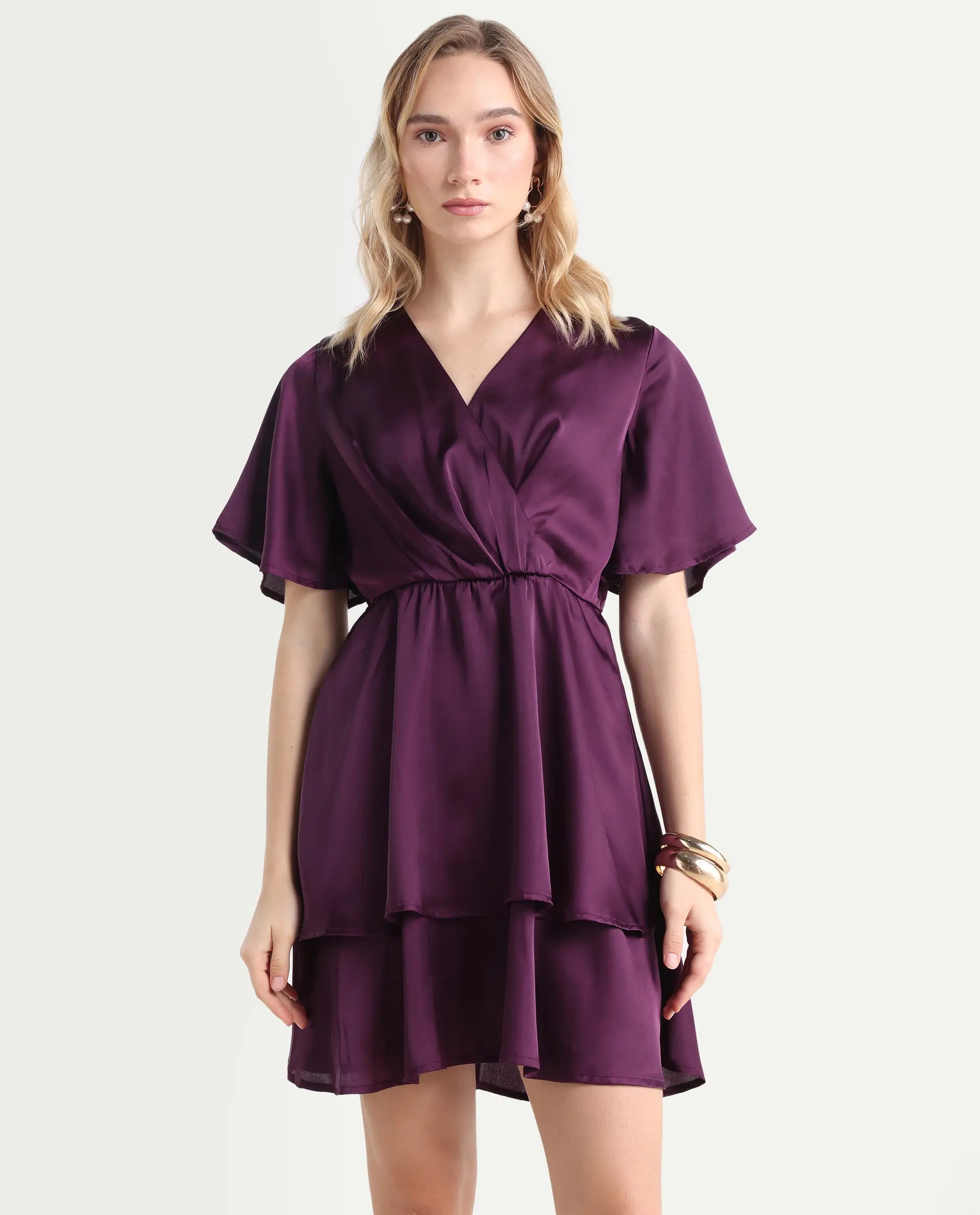 Rareism Women's Creola Dark Purple Polyester Overlap Neck Plain Mini Fit And Flare Dress