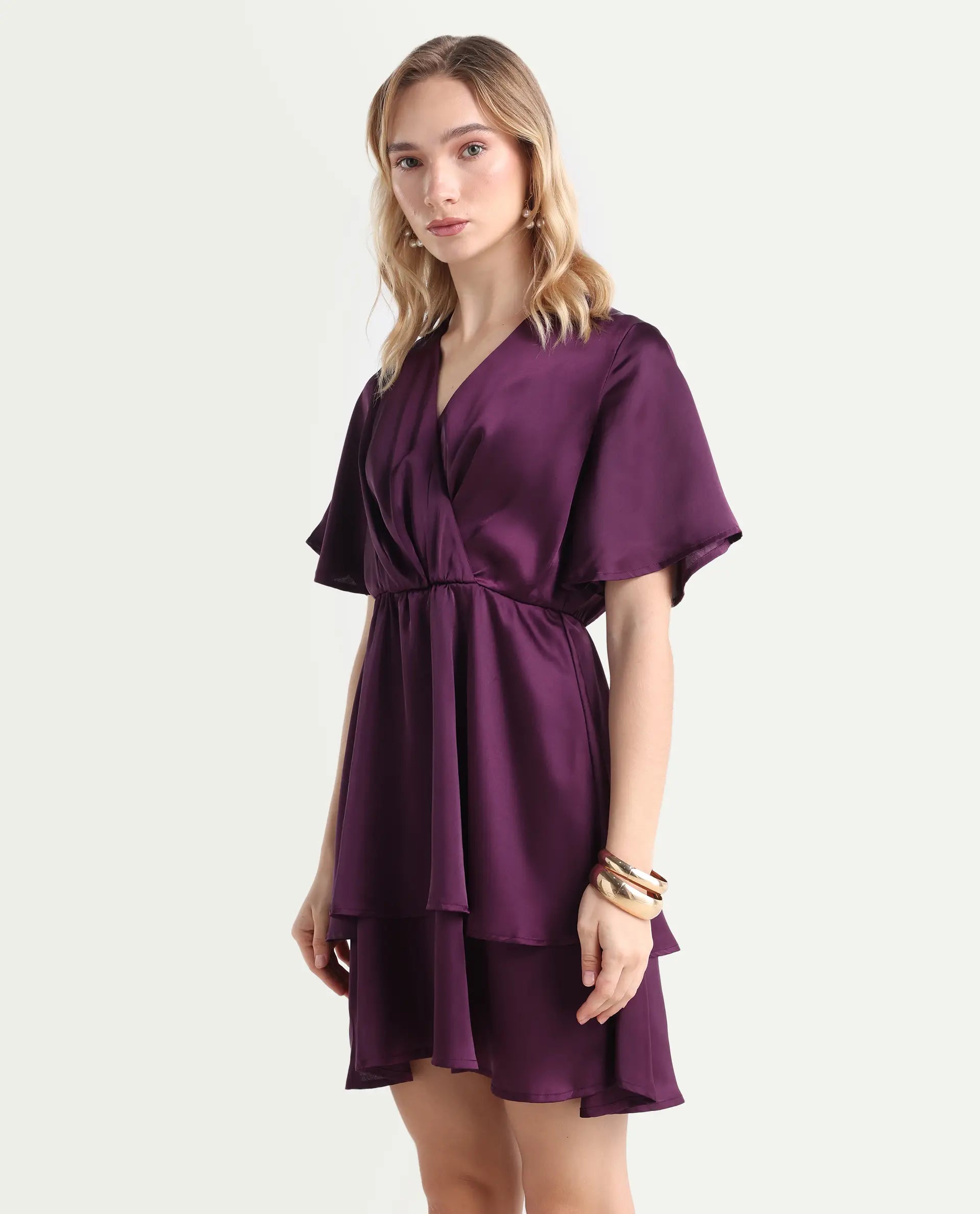Rareism Women's Creola Dark Purple Polyester Overlap Neck Plain Mini Fit And Flare Dress