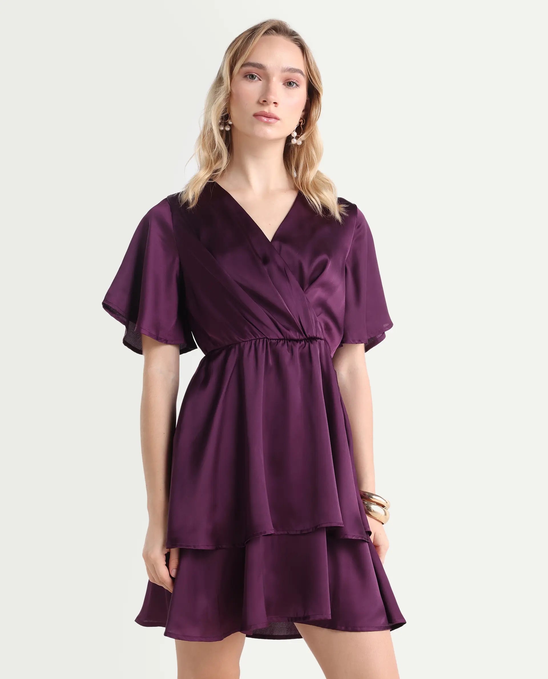 Rareism Women's Creola Dark Purple Polyester Overlap Neck Plain Mini Fit And Flare Dress