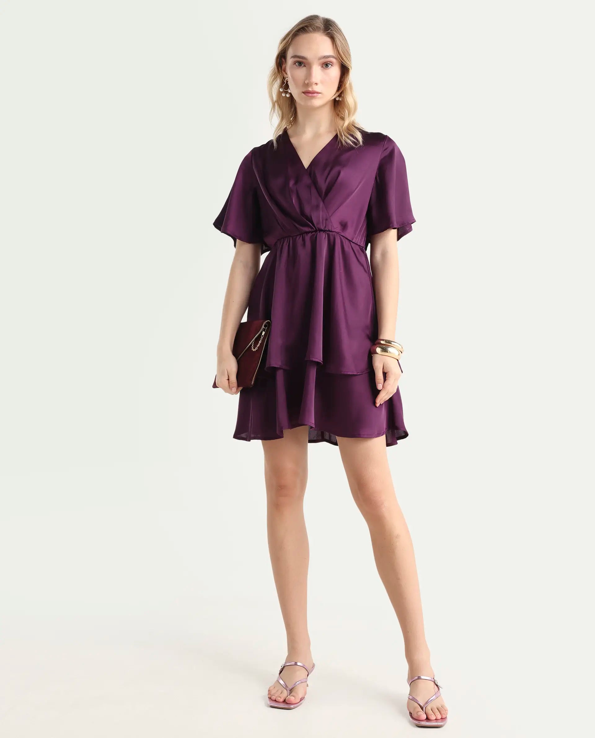 Rareism Women's Creola Dark Purple Polyester Overlap Neck Plain Mini Fit And Flare Dress