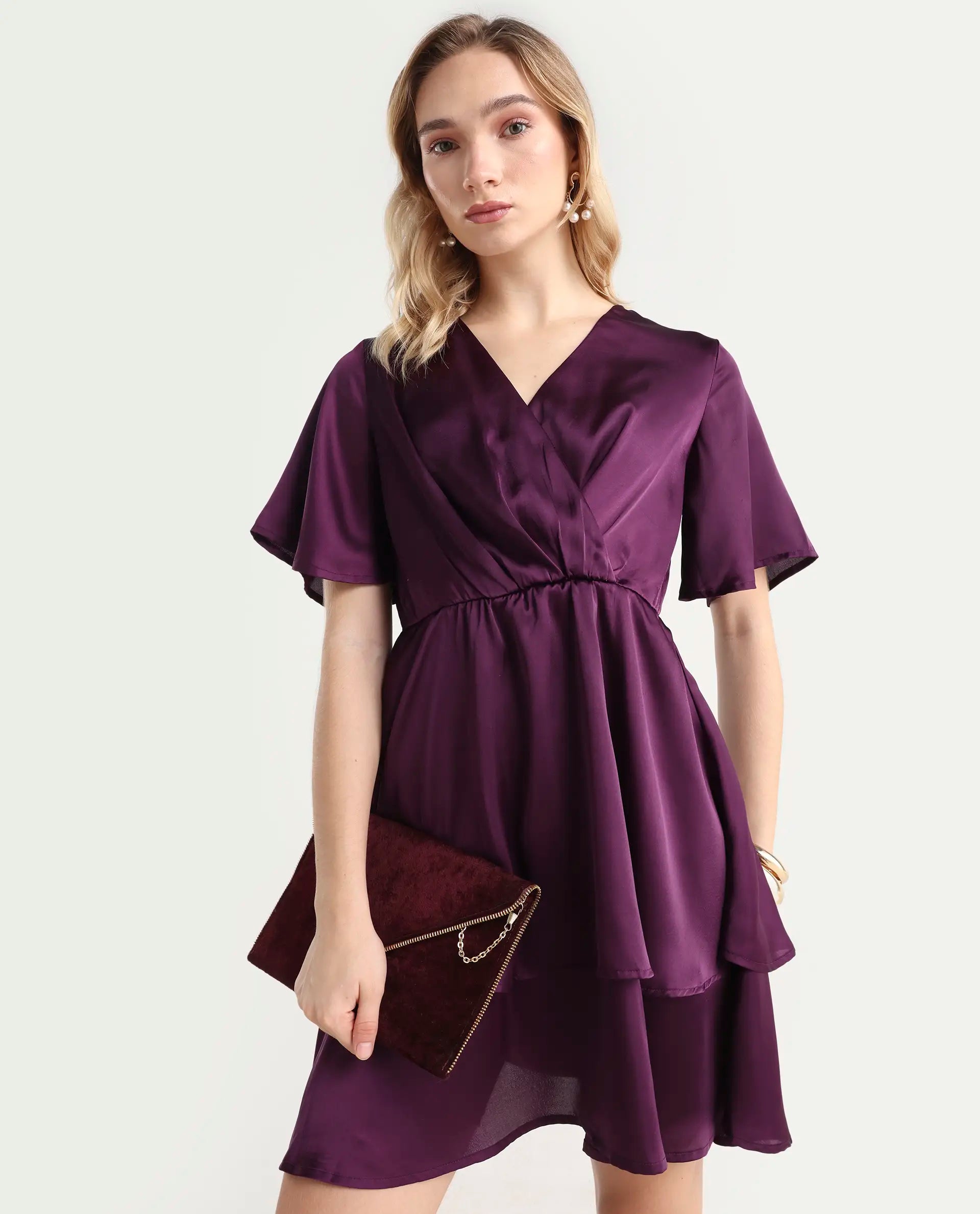 Rareism Women's Creola Dark Purple Polyester Overlap Neck Plain Mini Fit And Flare Dress