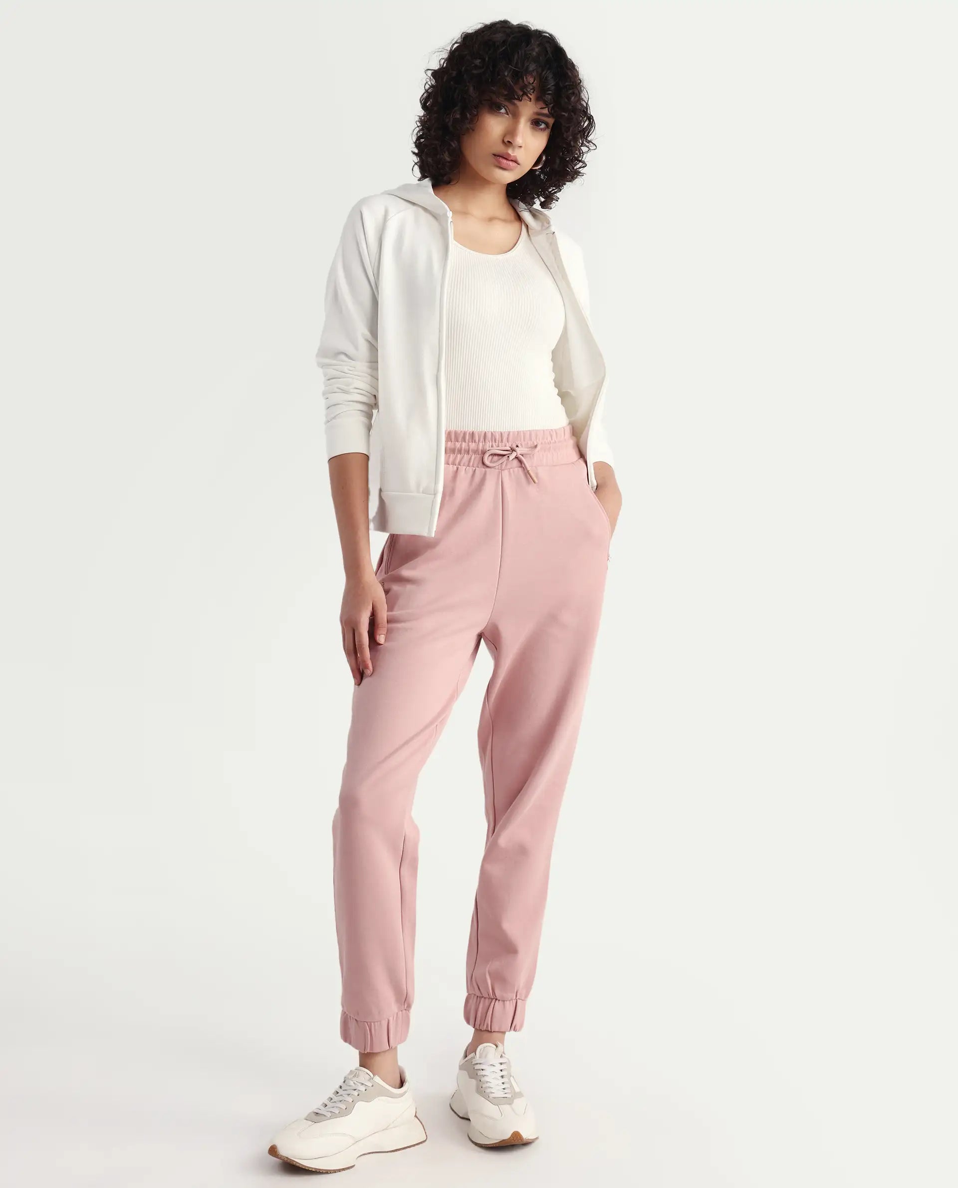 Rareism Women's Heavy Weight Interlock 340 Gsm Cotton Blend Plain Ankle Length Relaxed Fit Track Pant