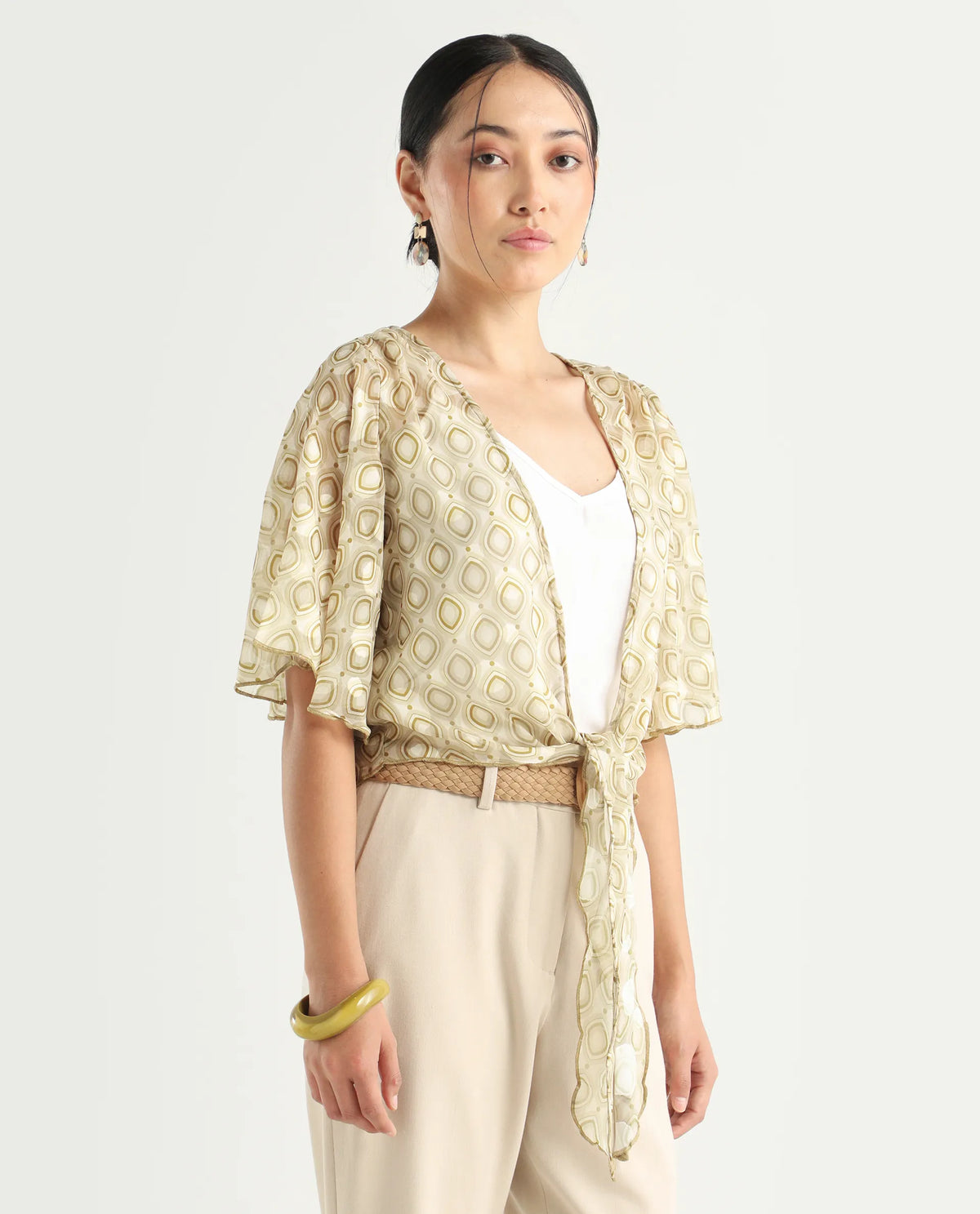 Rareism Women's Crotone Light Beige Polyester Collarless Geometric Print Ruffled Sleeve Crop Relaxed Fit Top