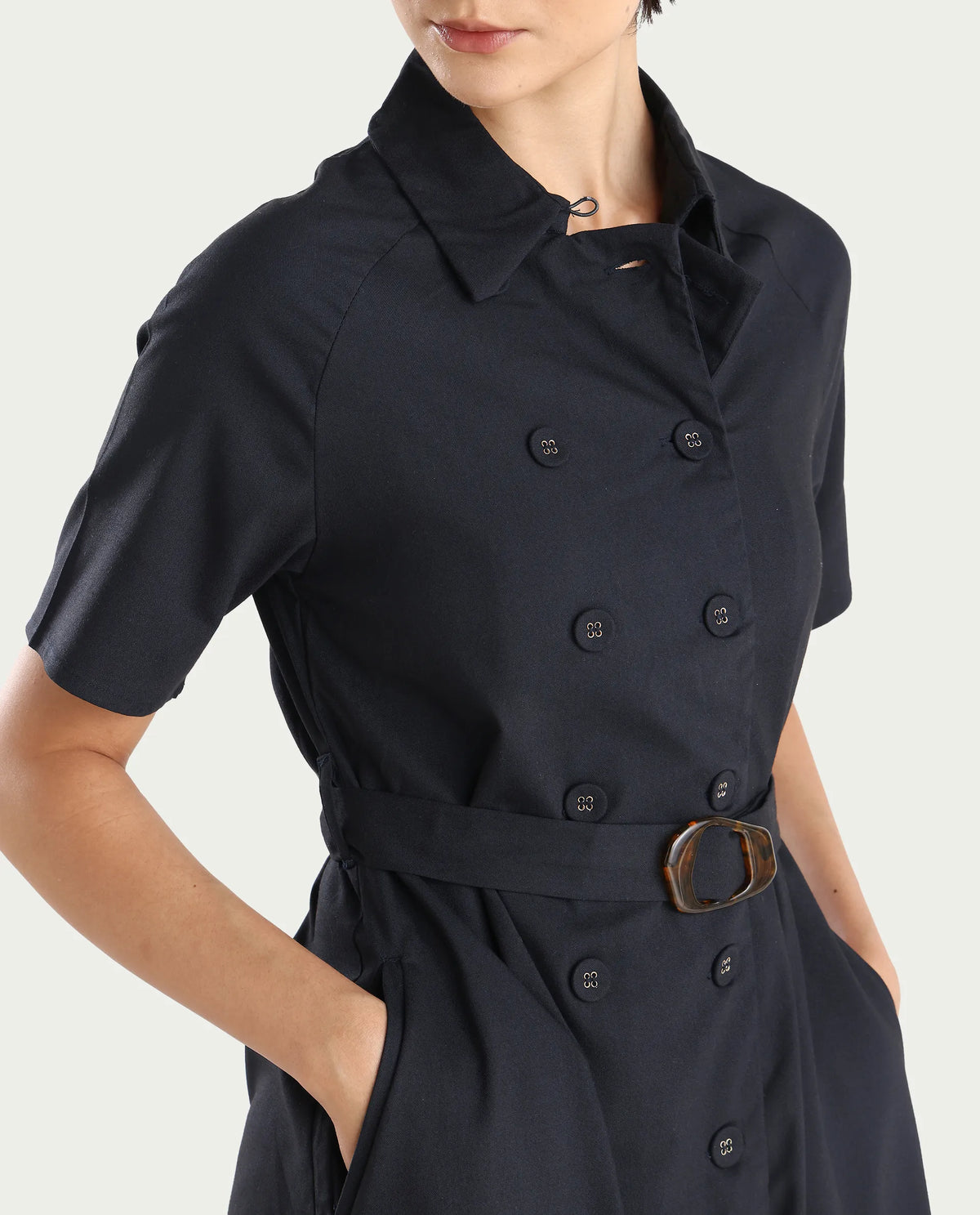 Rareism Women's Crypty Navy Polyester Blend Drop Collar Plain Knee Length A-Line Dress