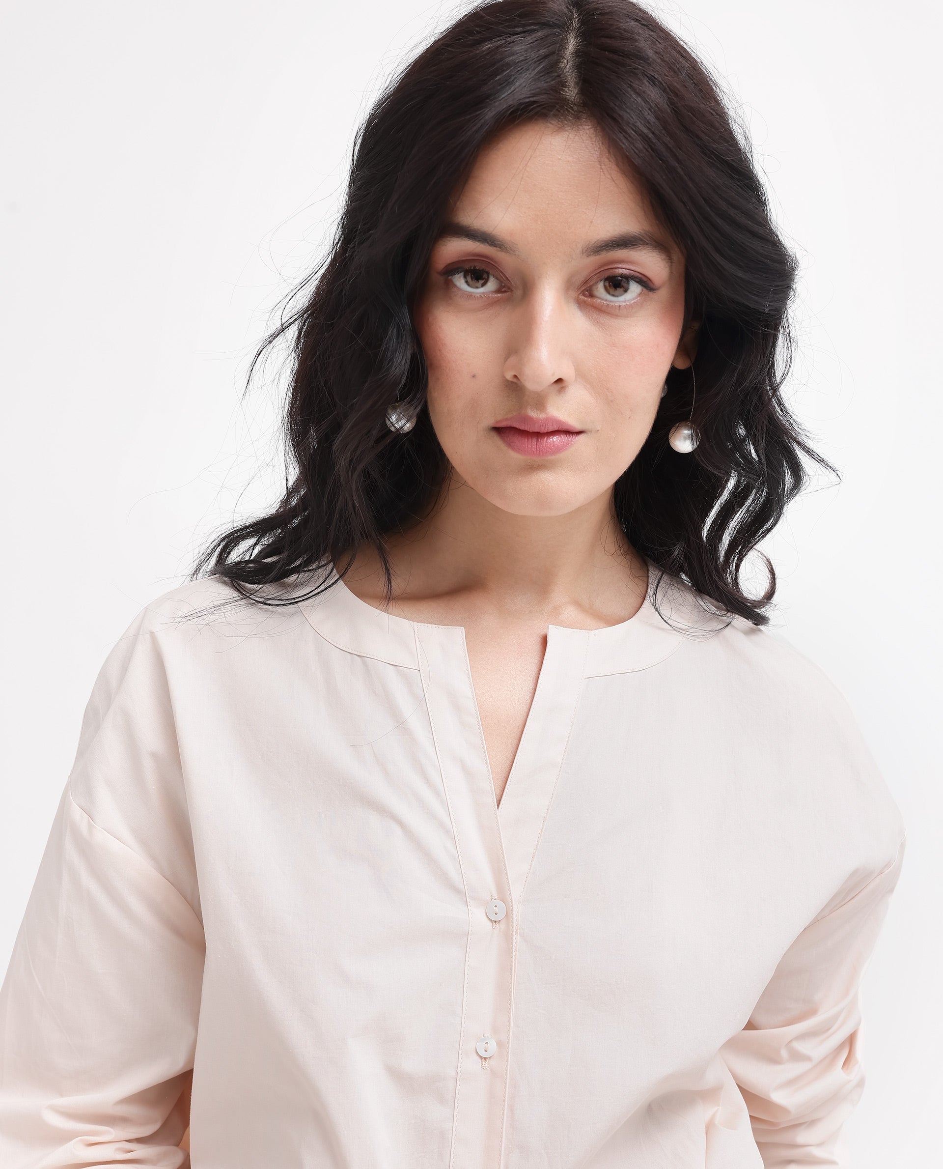 Rareism Women's Cuba-T Light Beige Cotton Mandarin Collar Plain Regular Fit Shirt